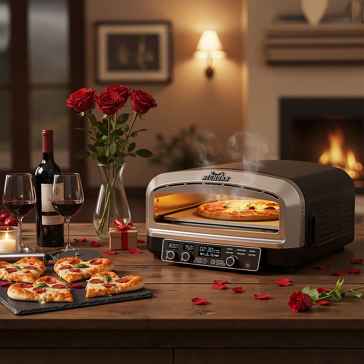 Romantic Valentine's Day dinner setup featuring an indoor electric pizza oven, heart-shaped pepperoni pizzas, red wine, and red roses on a wooden table.