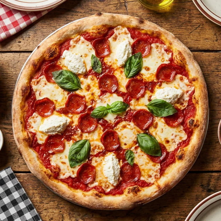 Pepperoni pizza with basil on rustic wooden table