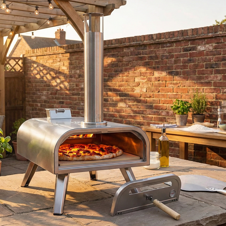 Stainless steel outdoor wood-fired pizza oven baking pizza on patio