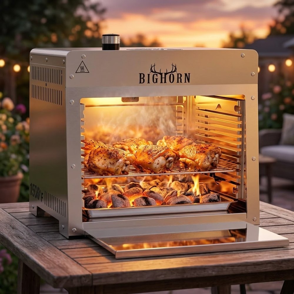 Big Horn high-heat grill oven cooking chicken thighs over charcoal flames