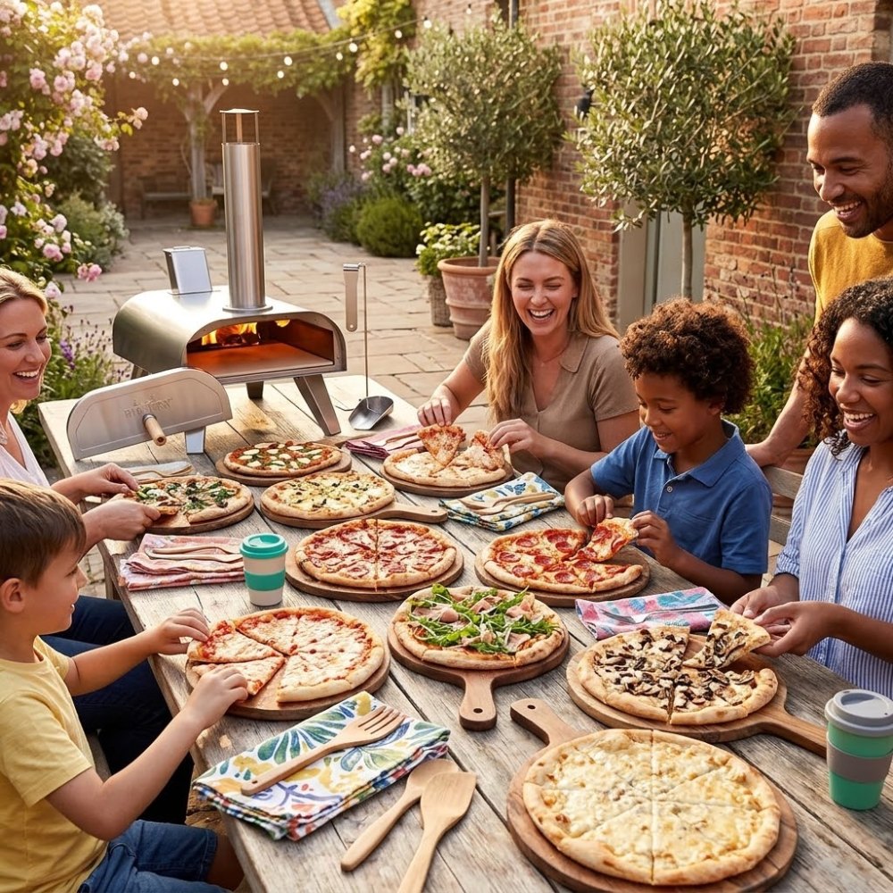 Family party sharing pizzas with Big Horn pizza oven