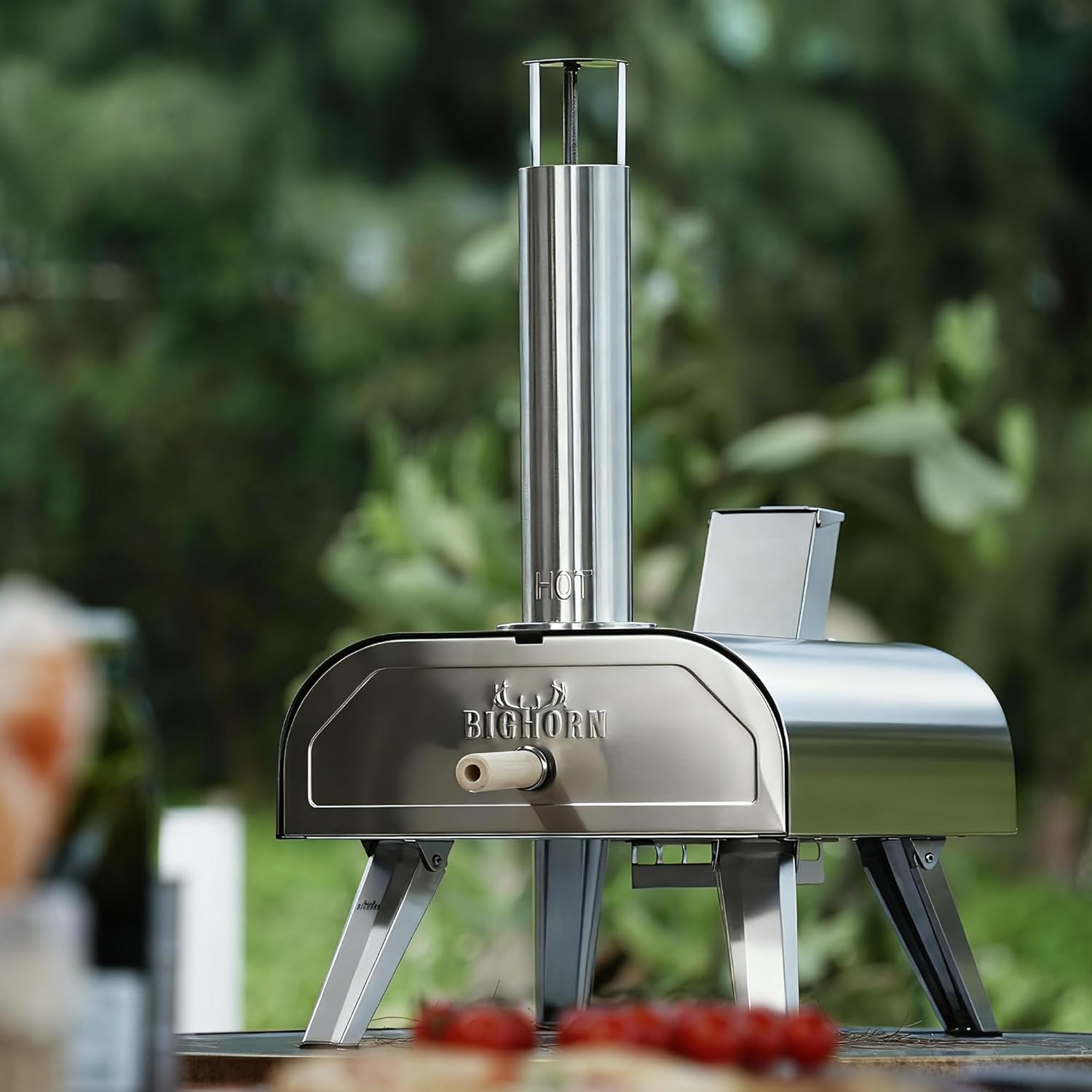 stainless steel outdoor pizza oven front view with chimney