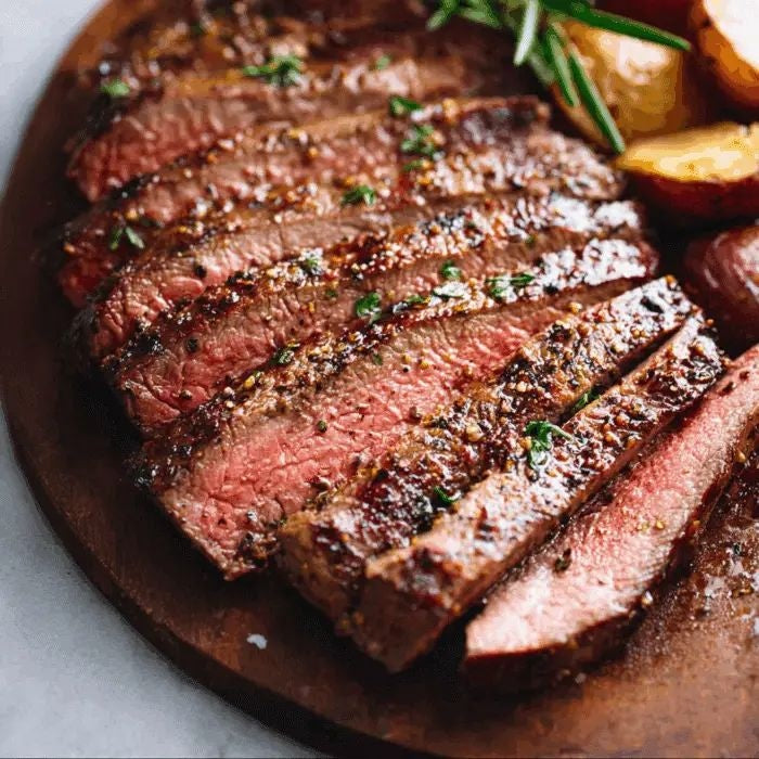 Sliced medium rare steak with herbs served in a pan
