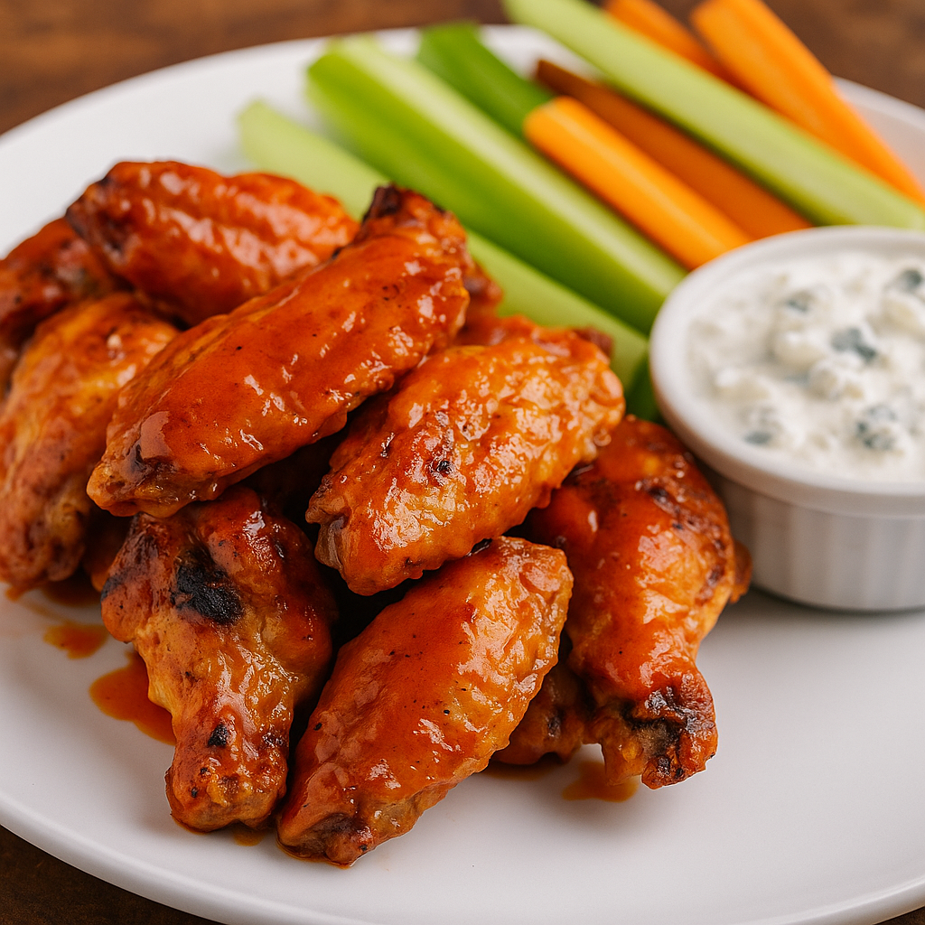 A plate of crispy buffalo wings with celery, carrots, and blue cheese dip.