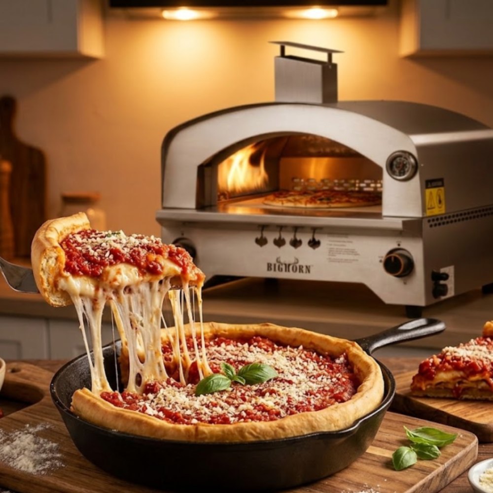 Freshly baked Chicago-style deep dish pizza in a cast iron skillet on a home kitchen table
