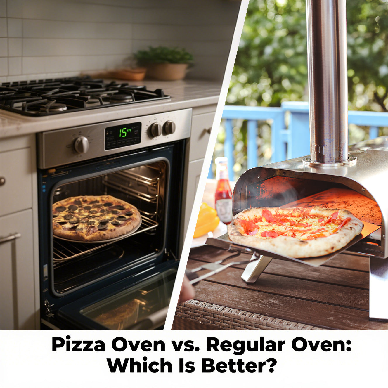 The image shows a comparison between a pizza oven and a regular oven, with the title "Pizza Oven vs. Regular Oven: Which Is Better?".