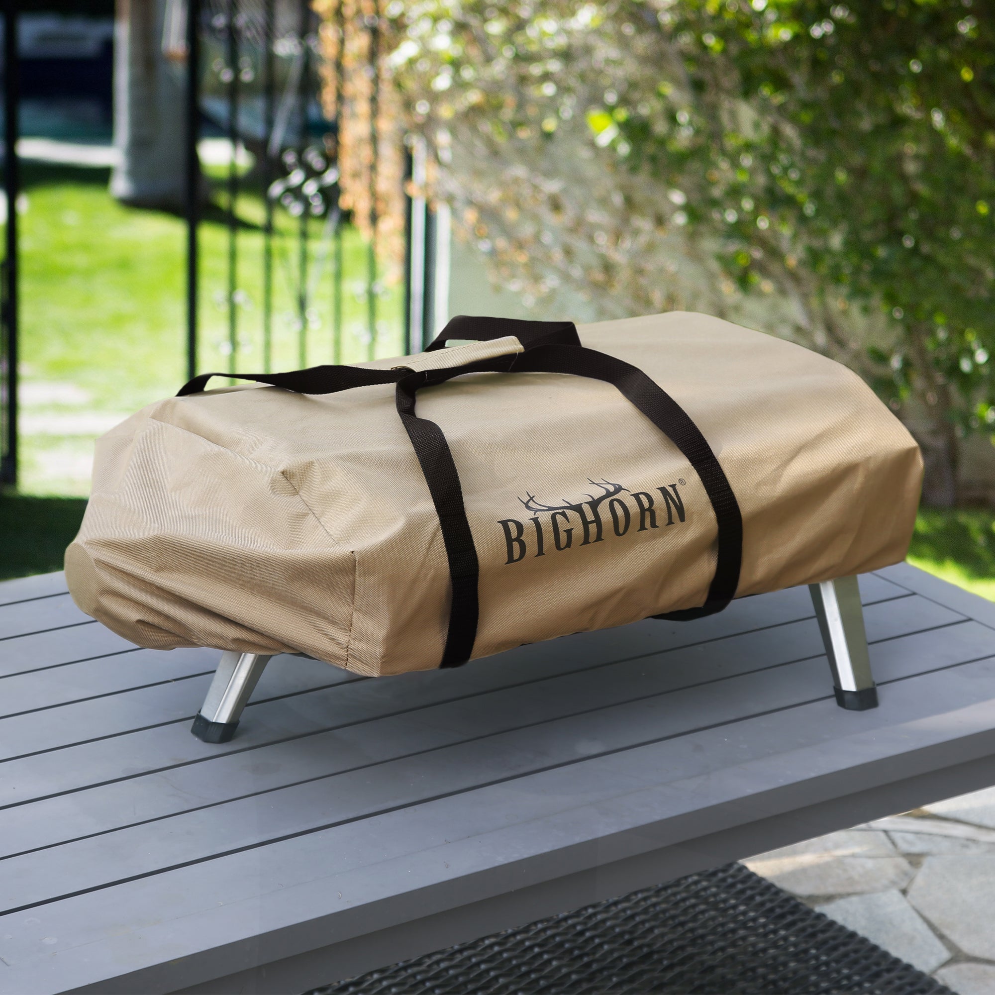 Big Horn Outdoors 12 inch pizza oven cover in tan Oxford fabric with carrying handles