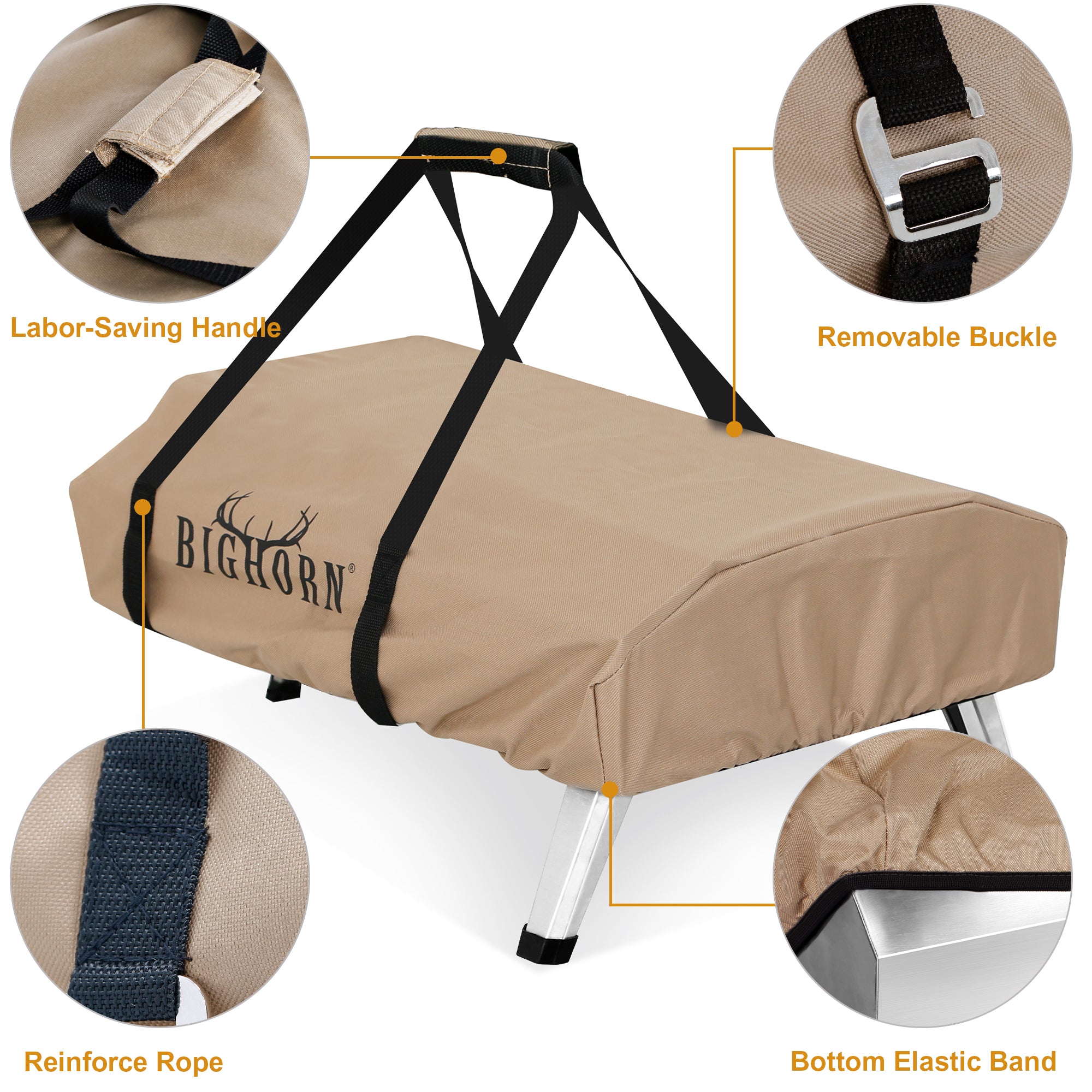 Big Horn Outdoors 12 inch pizza oven cover, Oxford fabric, featuring handles, buckles, and elastic band.