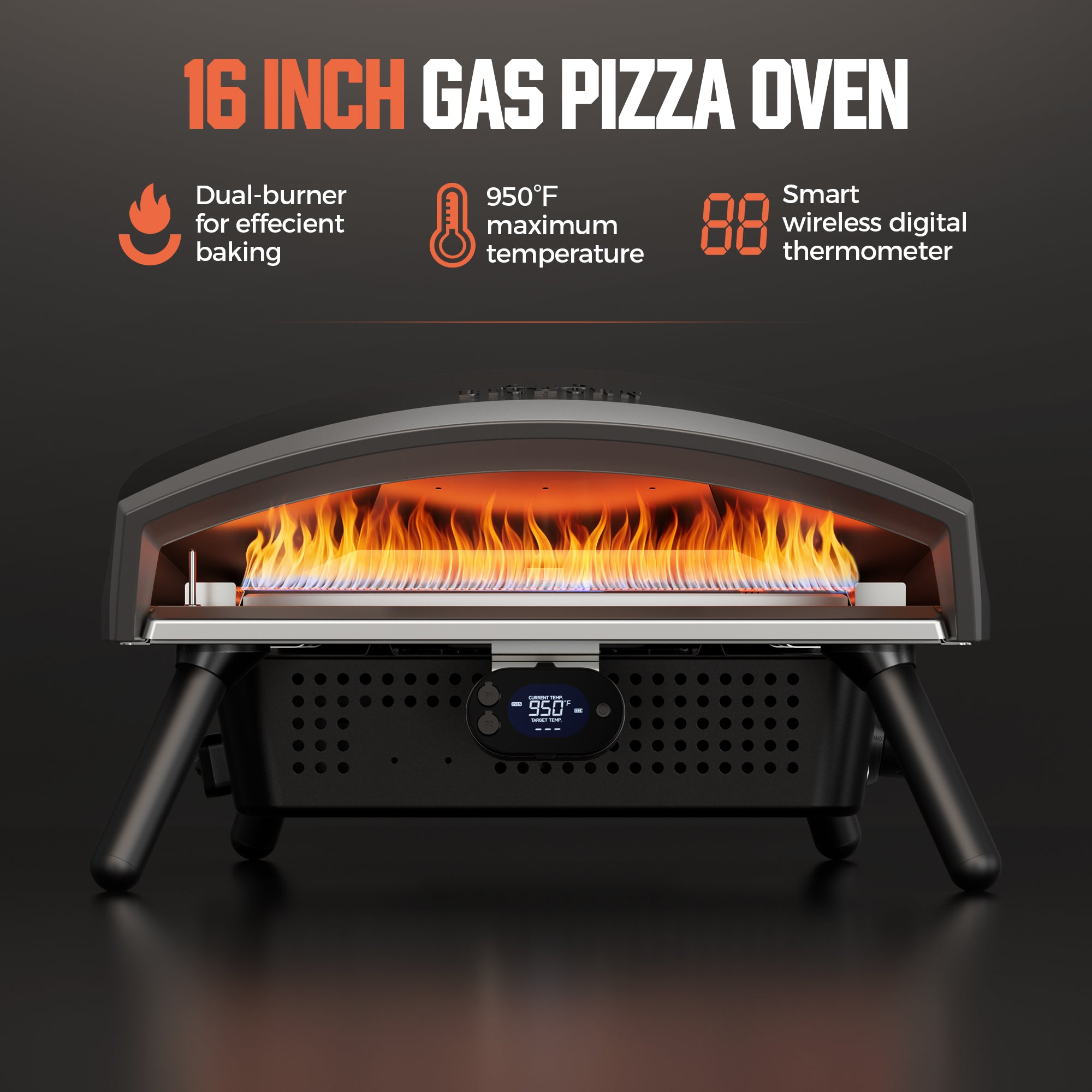 16” Gas Pizza Oven - Outdoor Professional Pizza Maker with Auto-Rotating Stone & Digital Thermometer