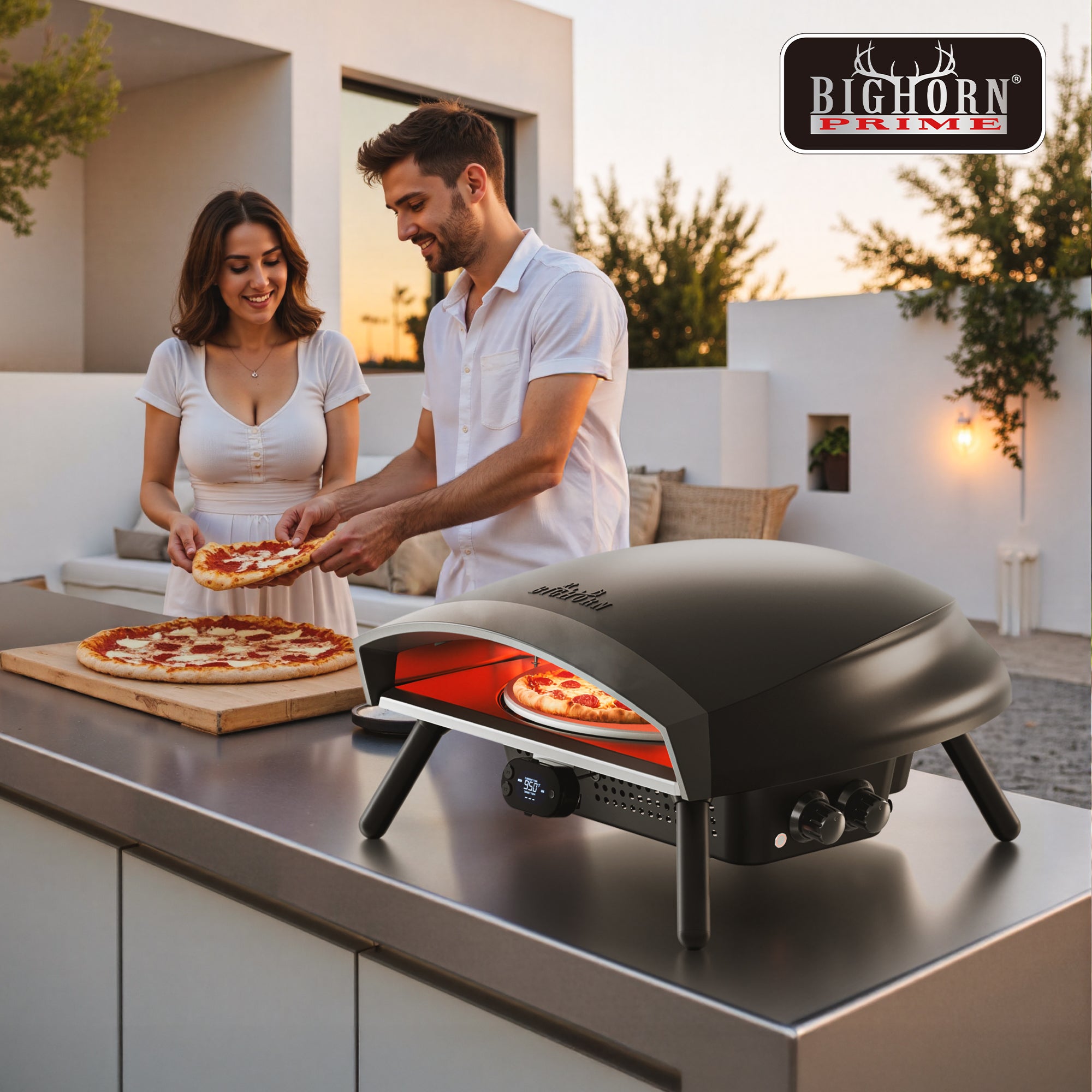Big Horn Prime® 16 Inch Gas Pizza Oven - Outdoor Professional Pizza Maker with Auto-Rotating Stone & Digital Thermometer