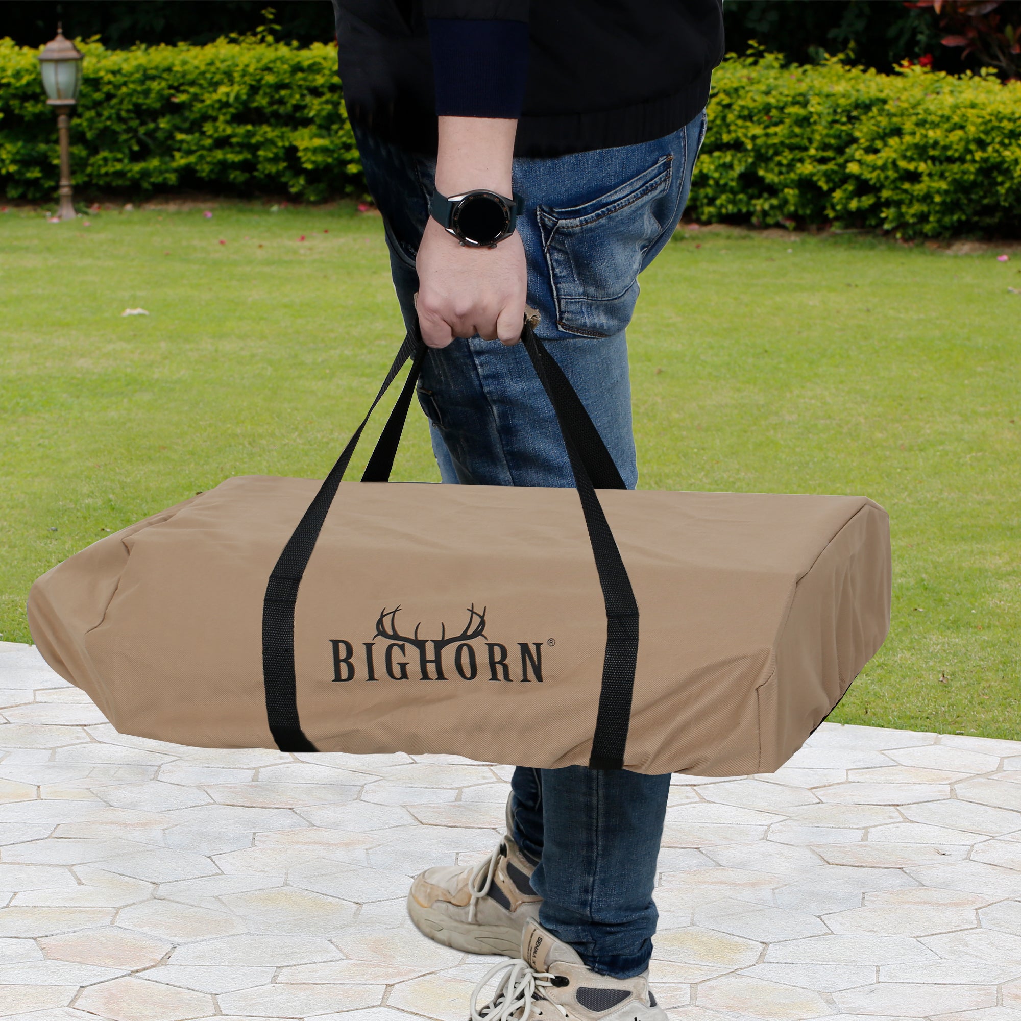 Big Horn Outdoors tan Oxford fabric pizza oven cover with carrying straps