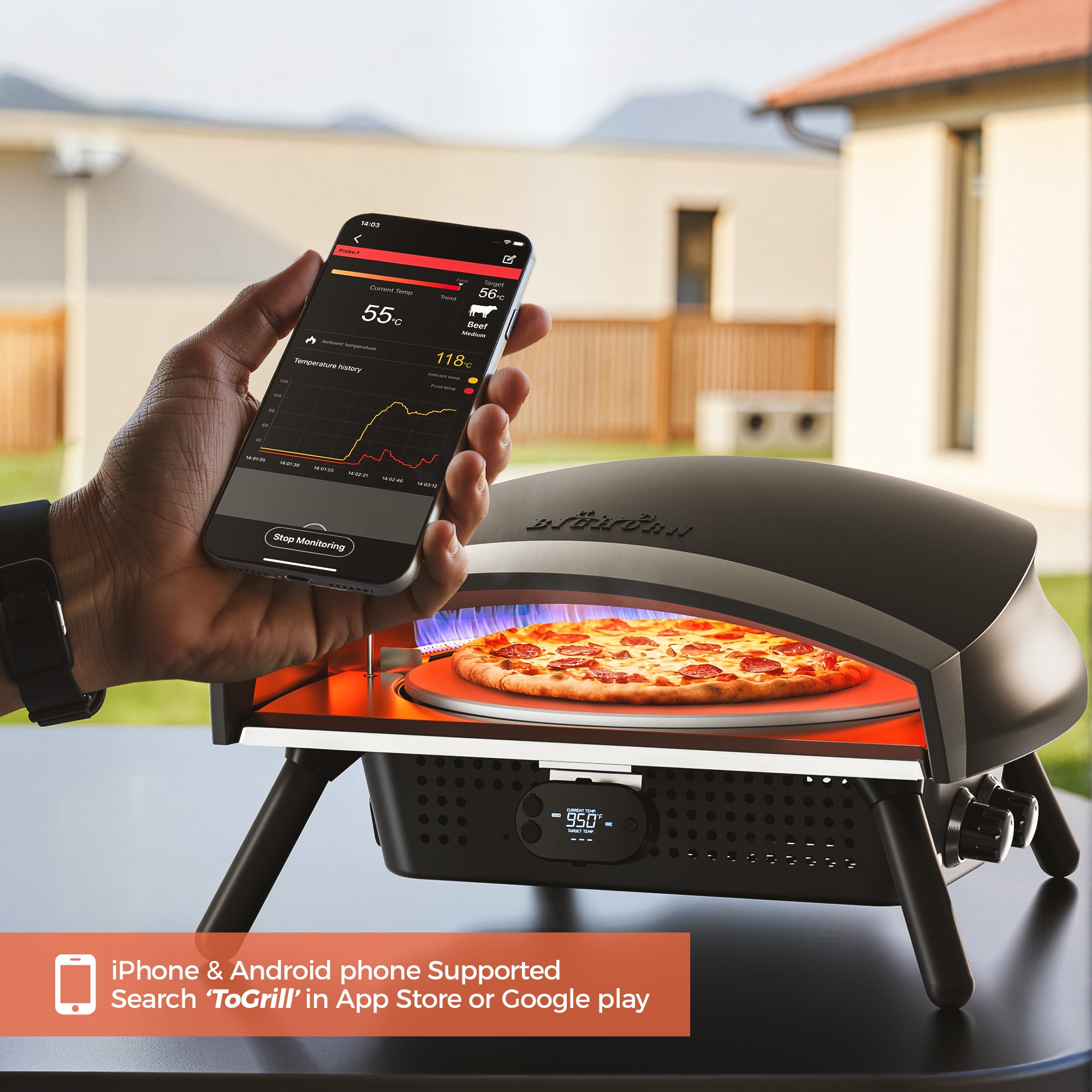 Big Horn Prime® 16 Inch Gas Pizza Oven - Outdoor Professional Pizza Maker with Auto-Rotating Stone & Digital Thermometer