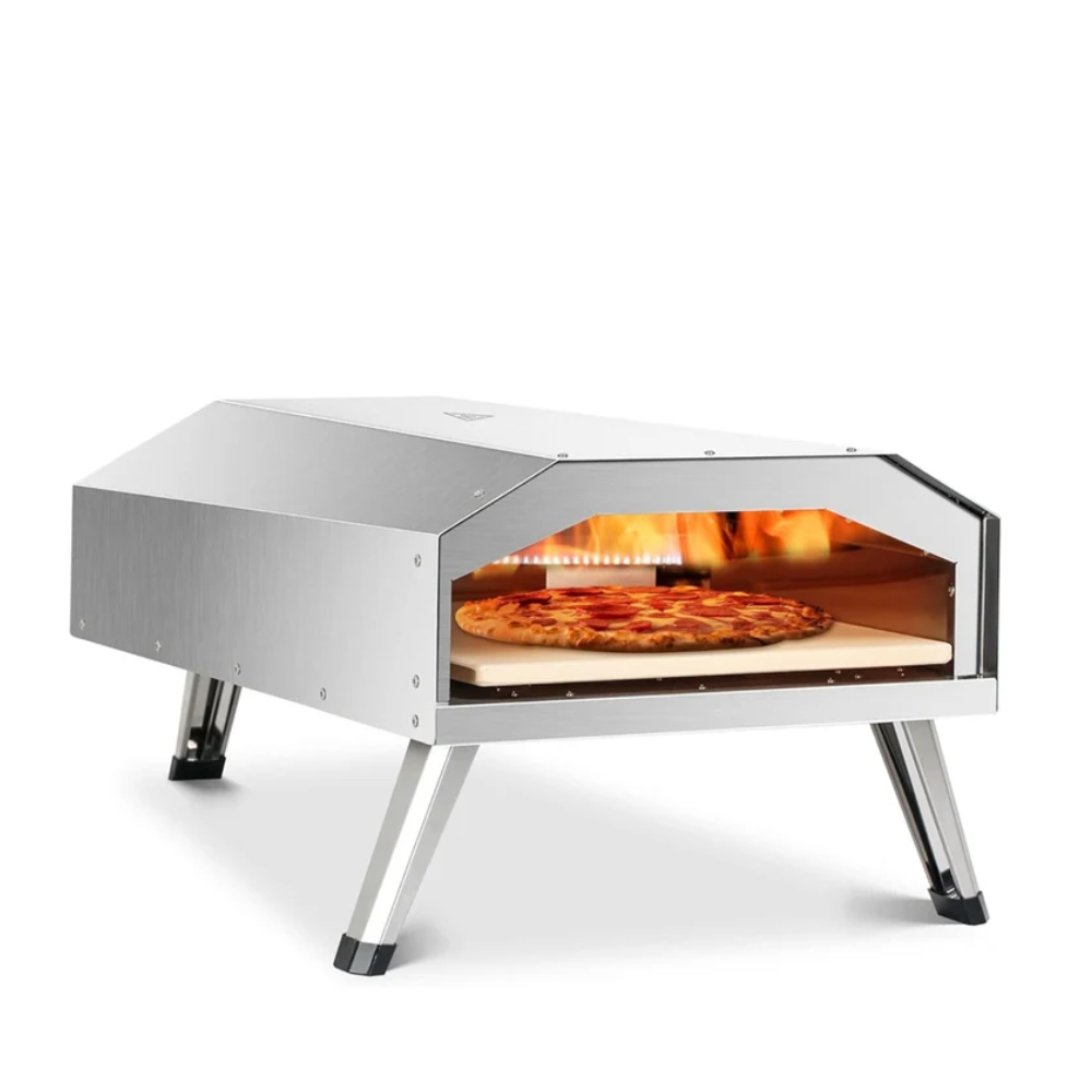12" Stainless Steel Gas Pizza Oven by Big Horn Outdoors, cooking pizza.