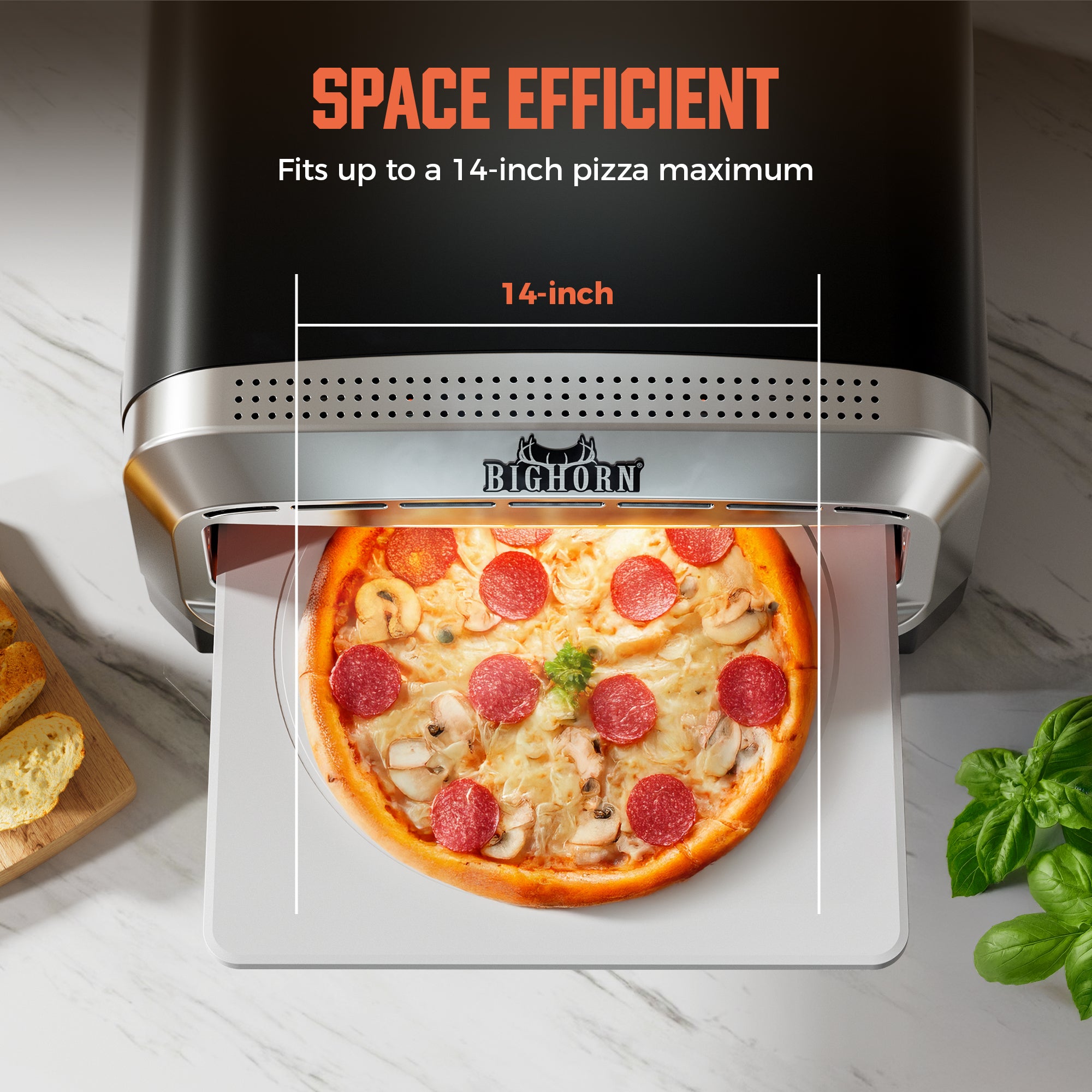 BIGHORN 14-inch Electric Pizza Oven, space-efficient design for a 14-inch pizza, featuring a pizza with pepperoni