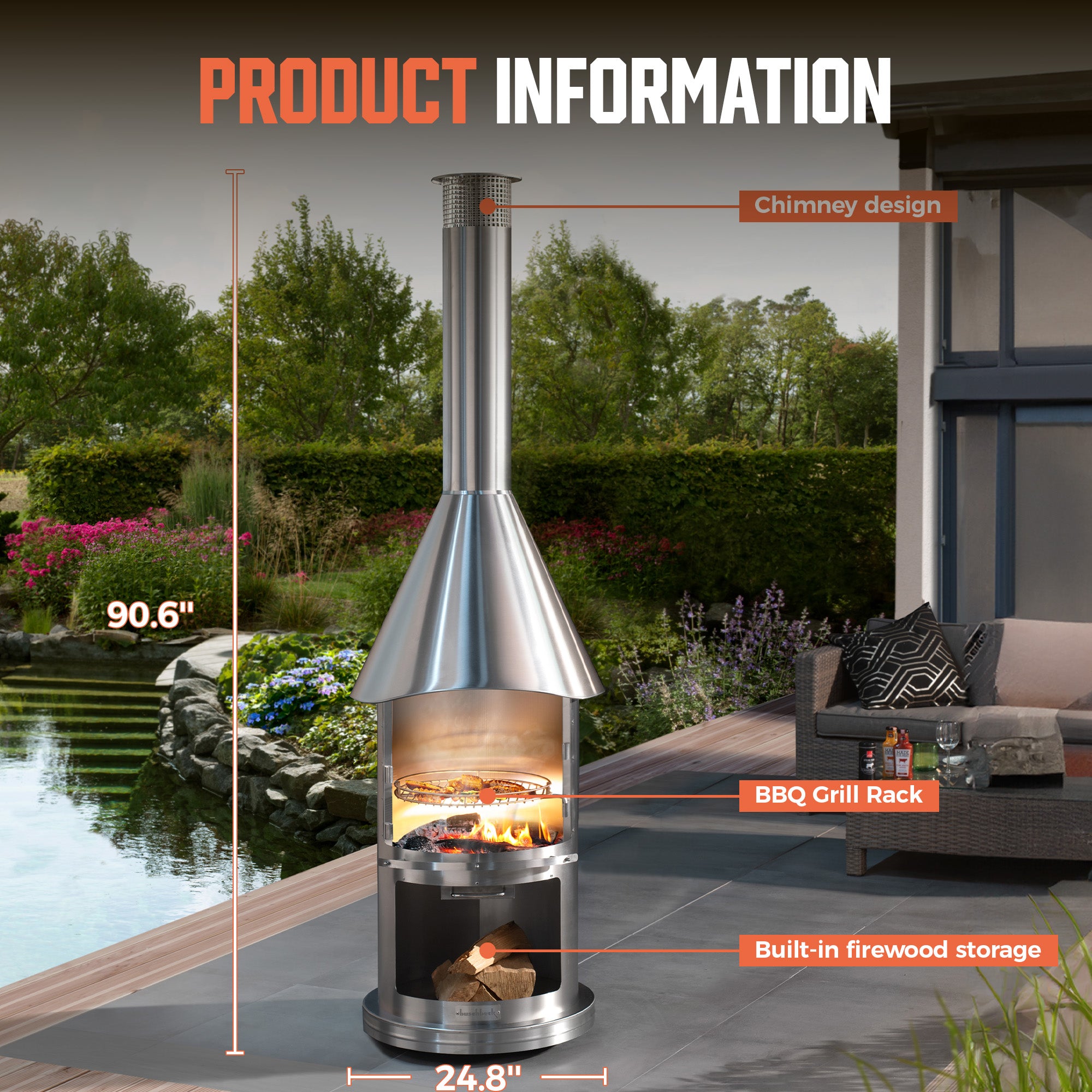 90.6”H Twin-Walled Chimenea - Efficient Wood-Burning Stainless Steel