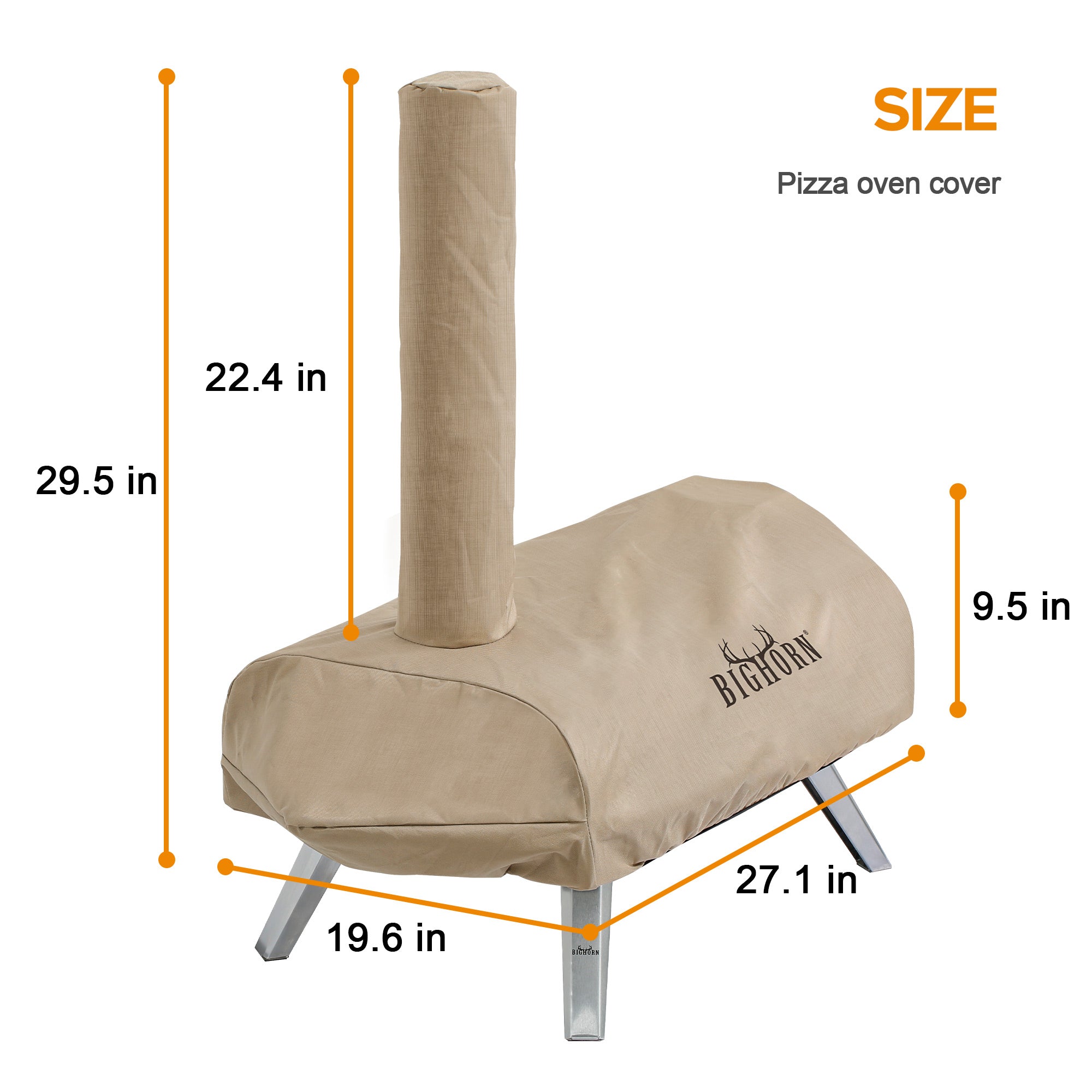 Big Horn Outdoors 16" Pizza Oven Cover with size dimensions in tan Oxford fabric, water-resistant