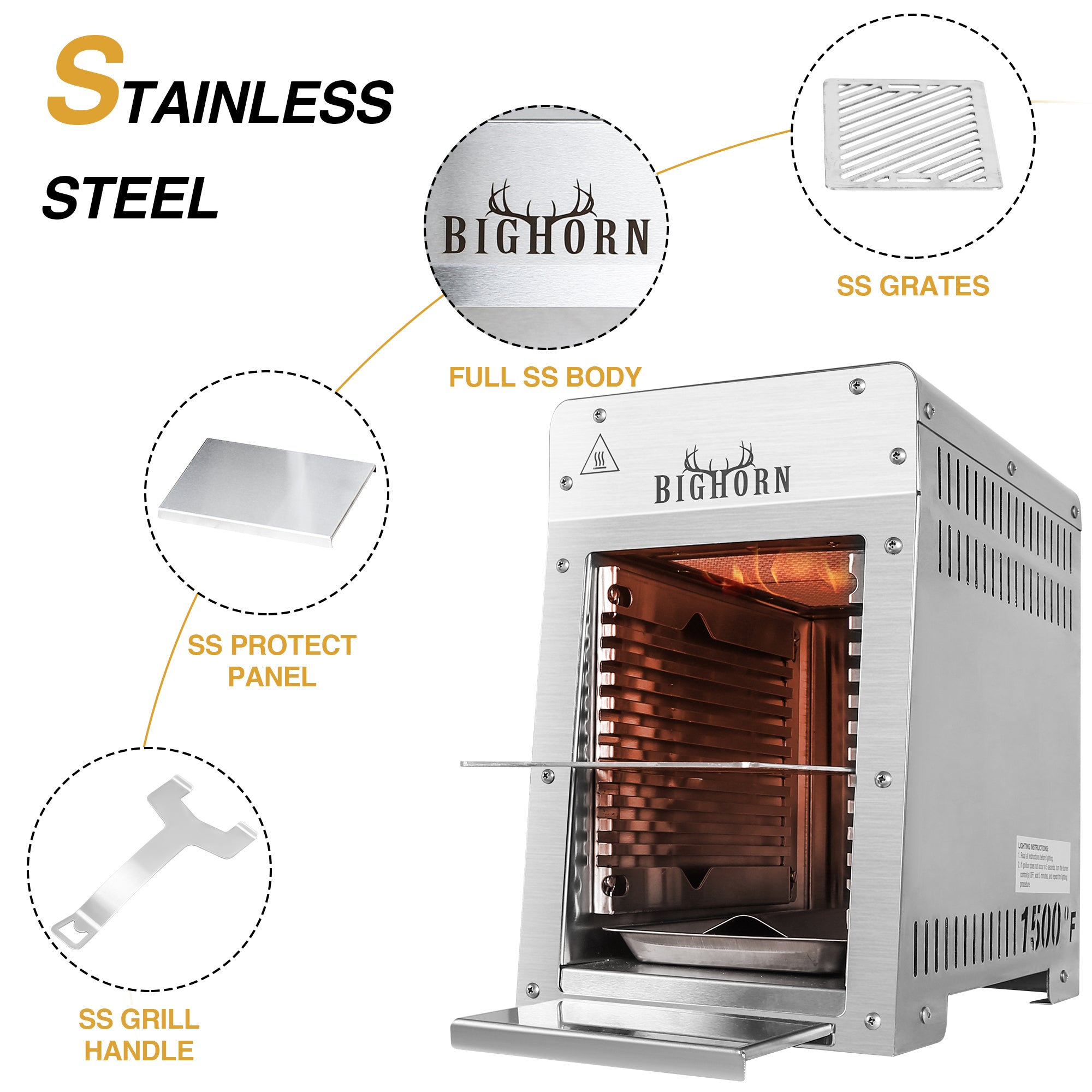 1500℉ Infrared Steak Grill, Portable Propane Gas Grill, Stainless Steel- 9 Inch