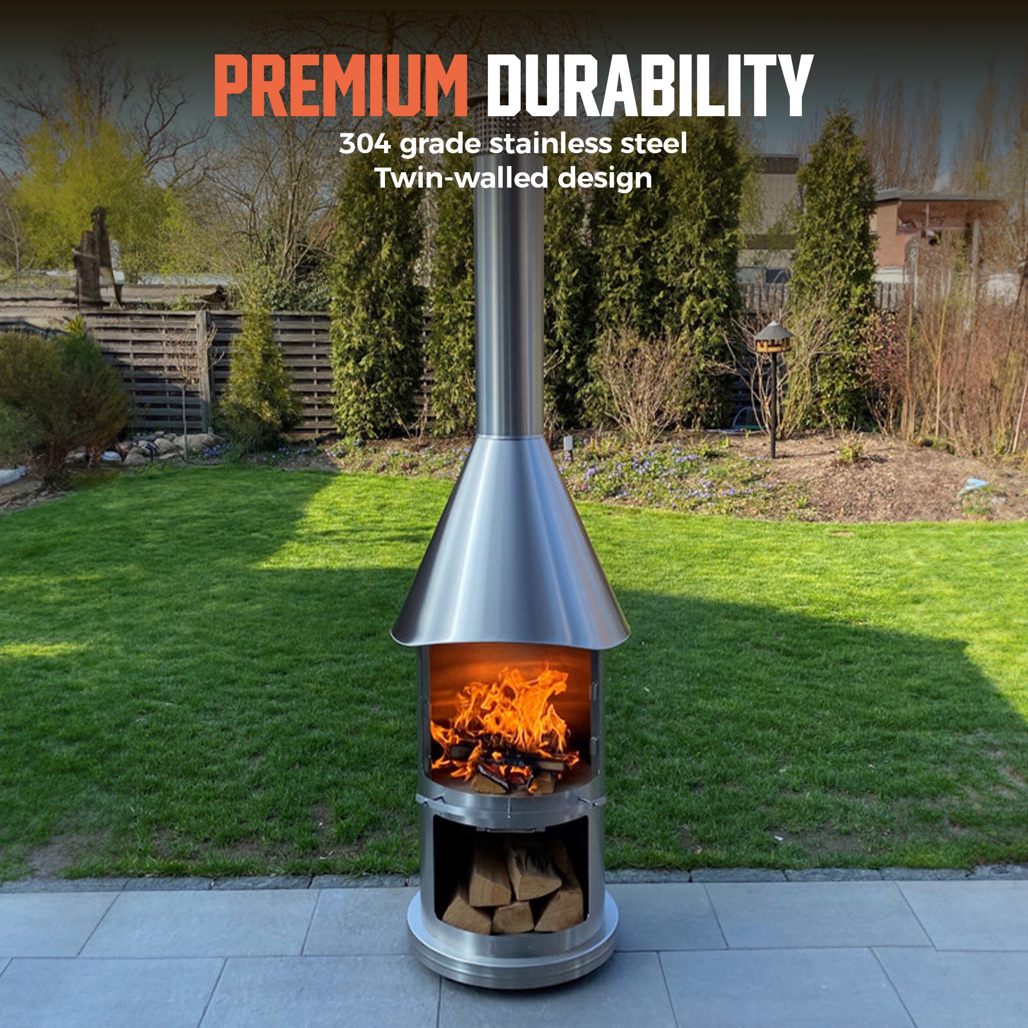 90.6”H Twin-Walled Chimenea - Efficient Wood-Burning Stainless Steel