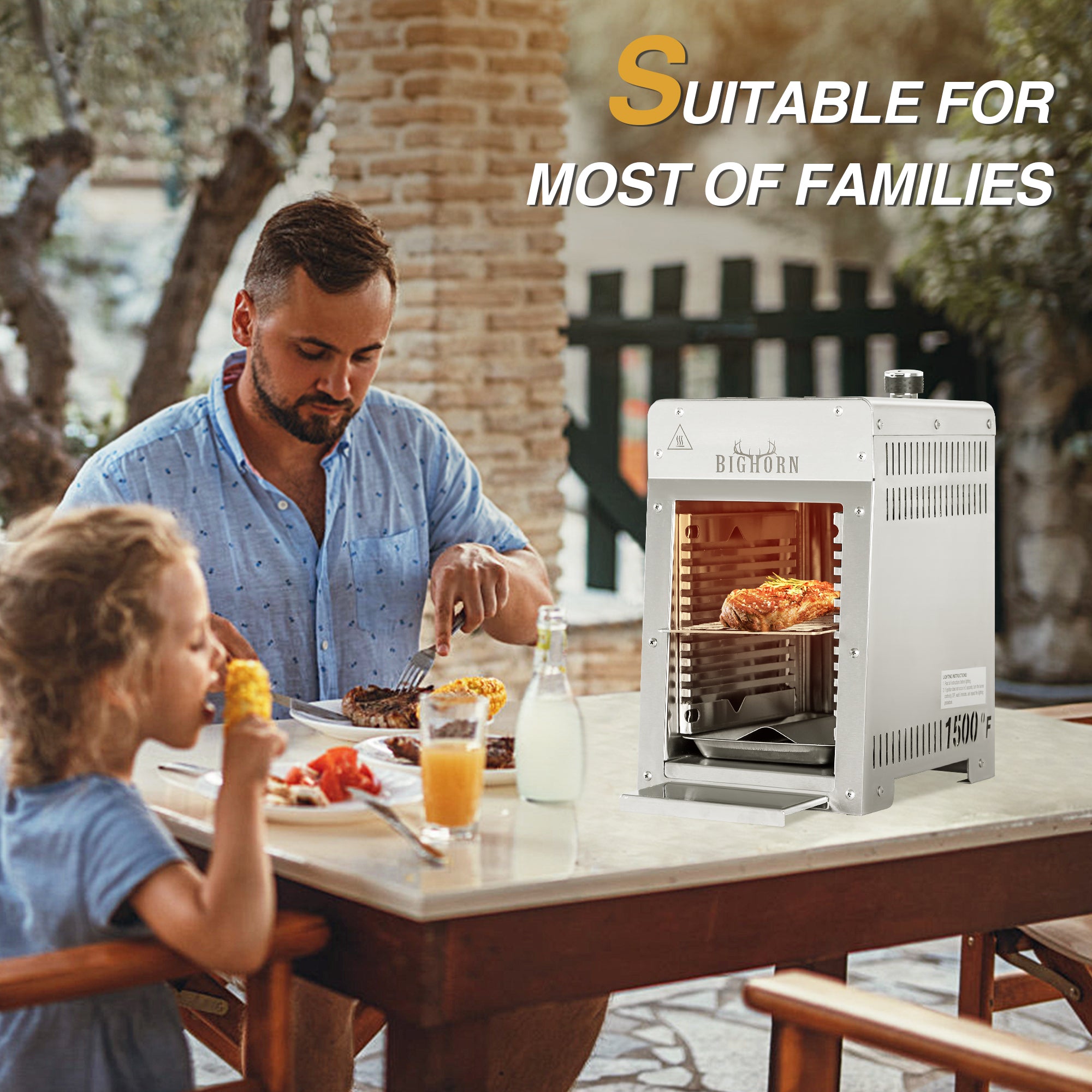 Big Horn Outdoors 1500℉ steak grill for family BBQ, stainless steel finish, cooking steaks outdoors.