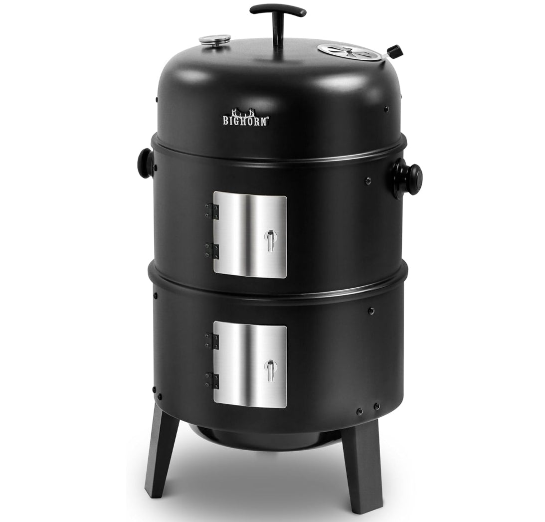 Big Horn Outdoors 16" Charcoal Smoker in black, with three-in-one functionality for grilling and smoking