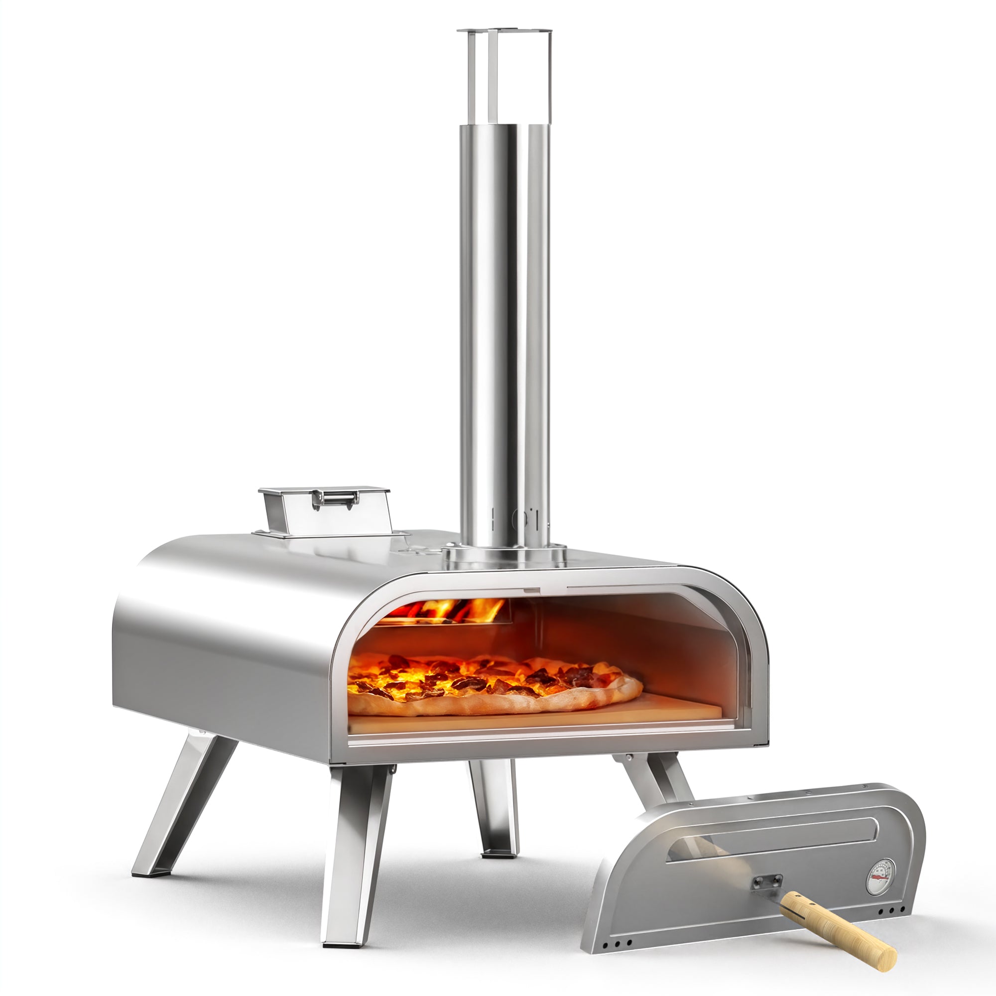 16" Wood Pellet Pizza Oven, stainless steel, with pizza inside, perfect for outdoor cooking.