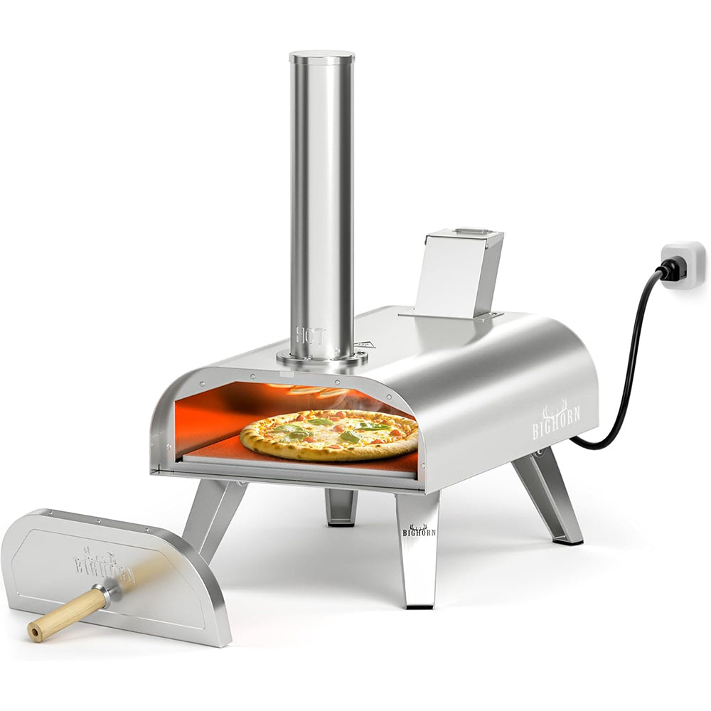 Big Horn Outdoors 12" stainless steel pizza oven cooking pizza; Electric powered for easy operation.