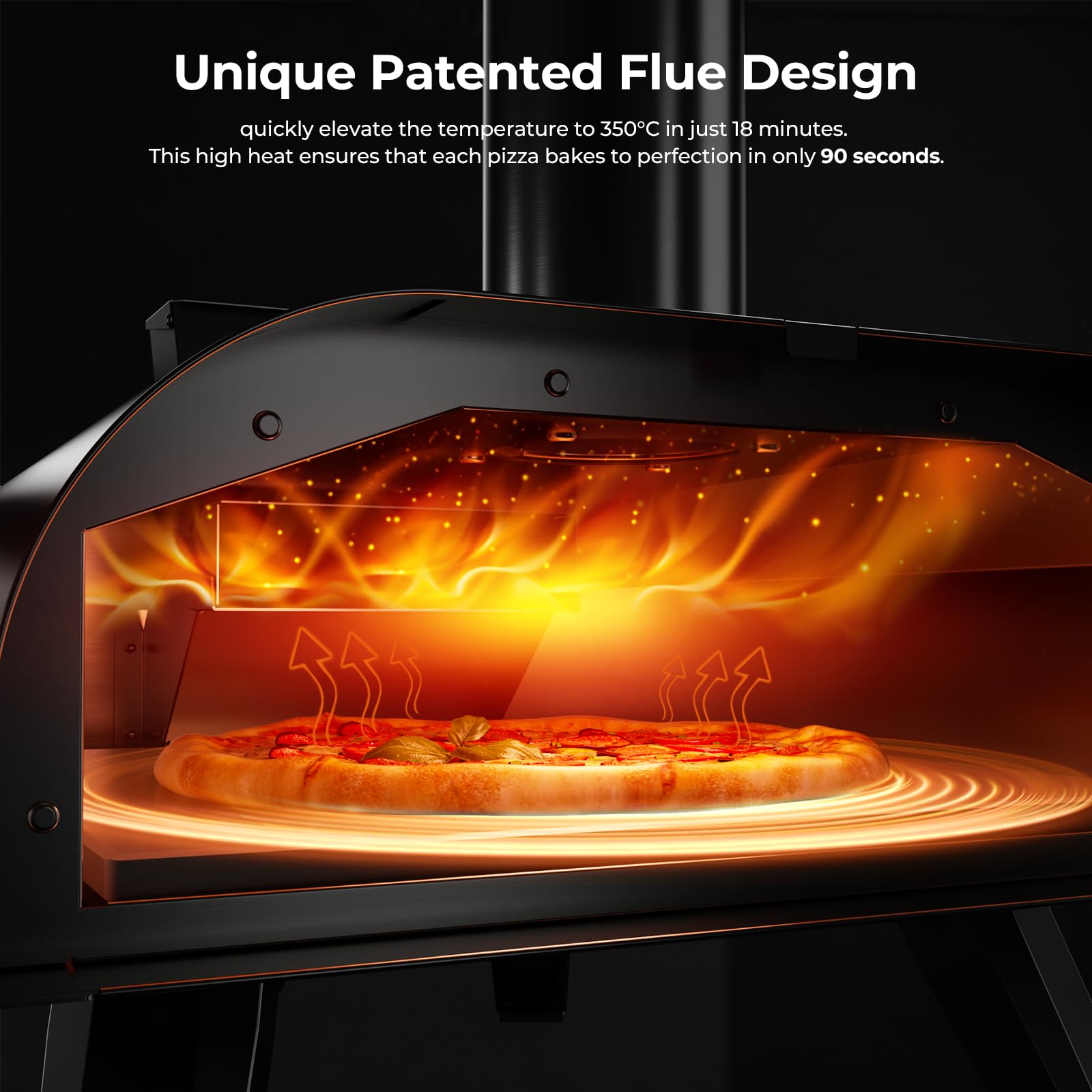 Big Horn Outdoor pizza oven with patented flue design, cooking pizza in 90 seconds