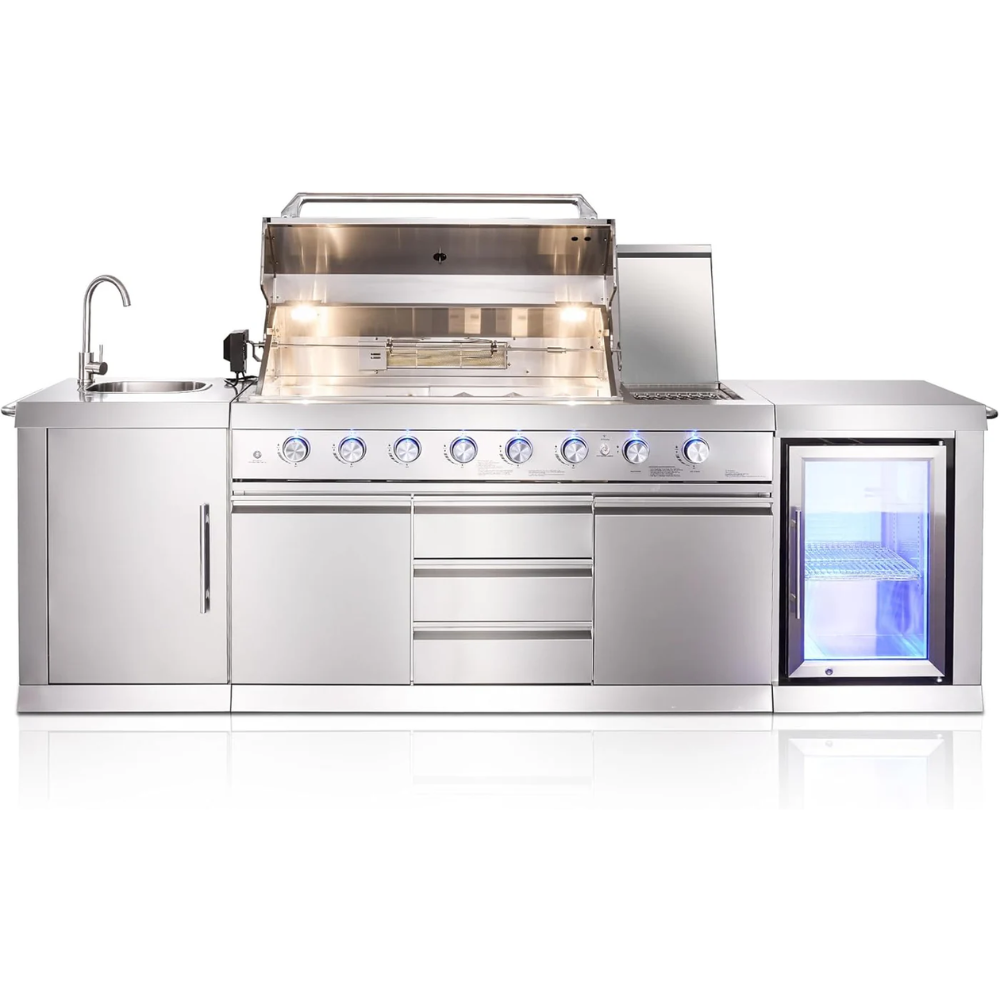 Stainless Steel Kitchen Island, with 6+2 Burners, 98,600 BTUs Gas Grill, Infrared Side Burner, Beverage Refrigerator, Sink, Rotisserie Kit- Big Horn Prime® Series