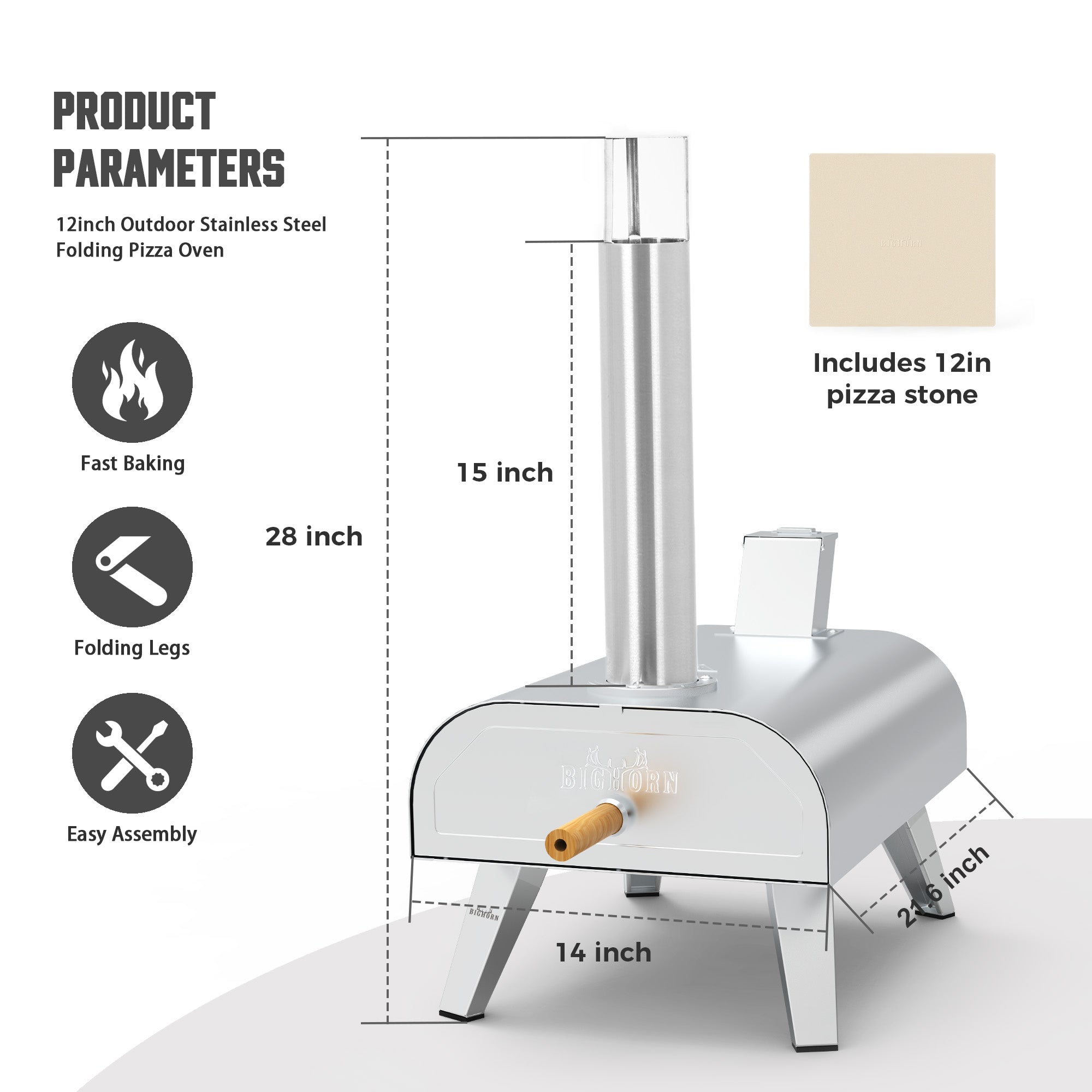 12" Wood Pellet Pizza Oven, Black/Silver, Compatible with Gas Burner and Electric Heater Accessories (Sold Separately)