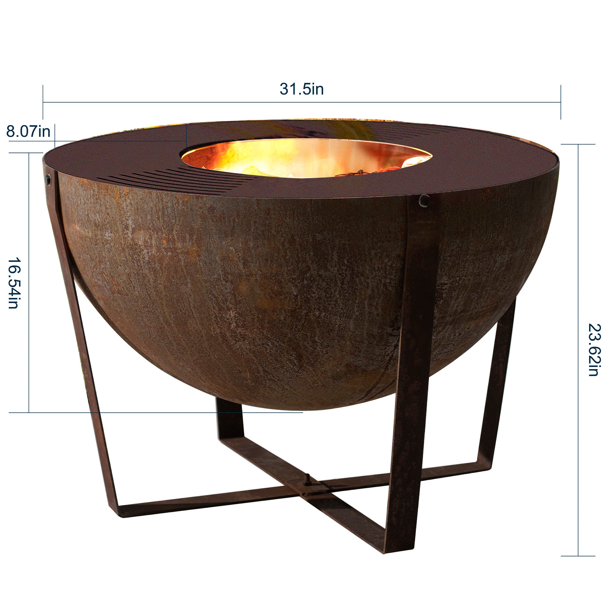 32” Corten Steel Heavy-Duty Round Fire Pit with Grill