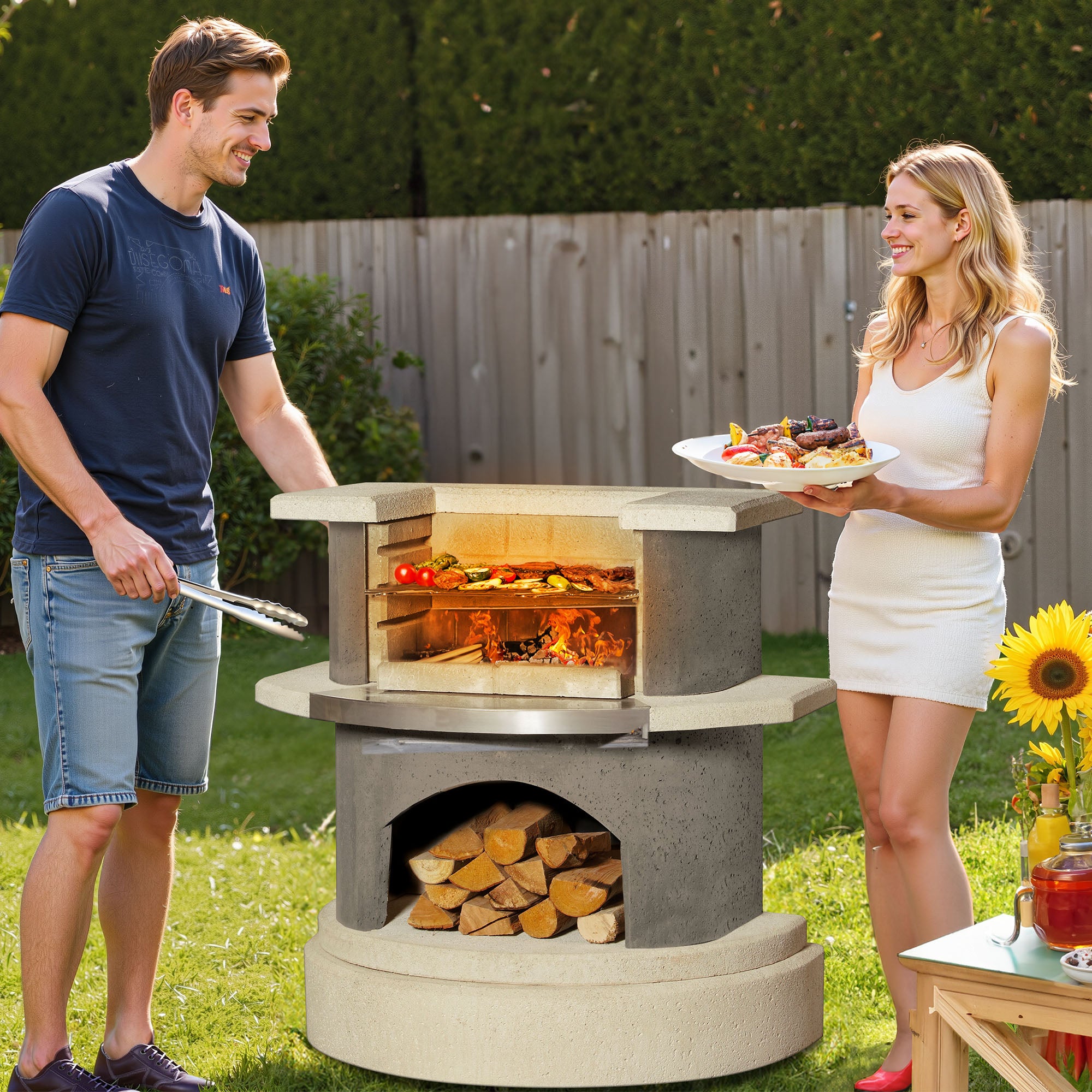36.6"H Concrete Outdoor Fireplace with Grill