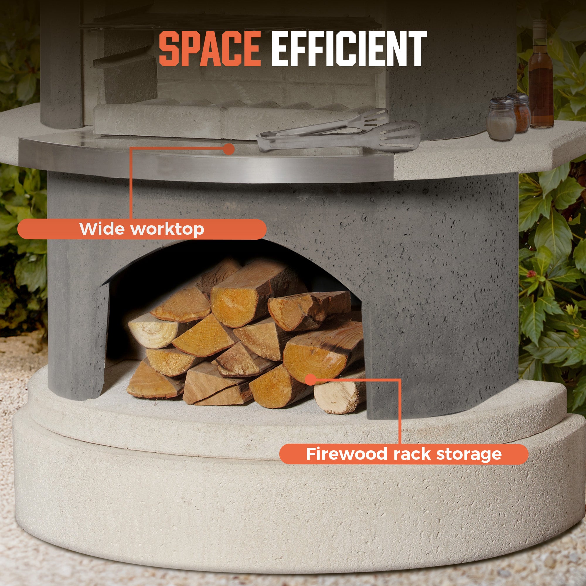 Space Efficient
Wide Worktop
Firewood rack storage