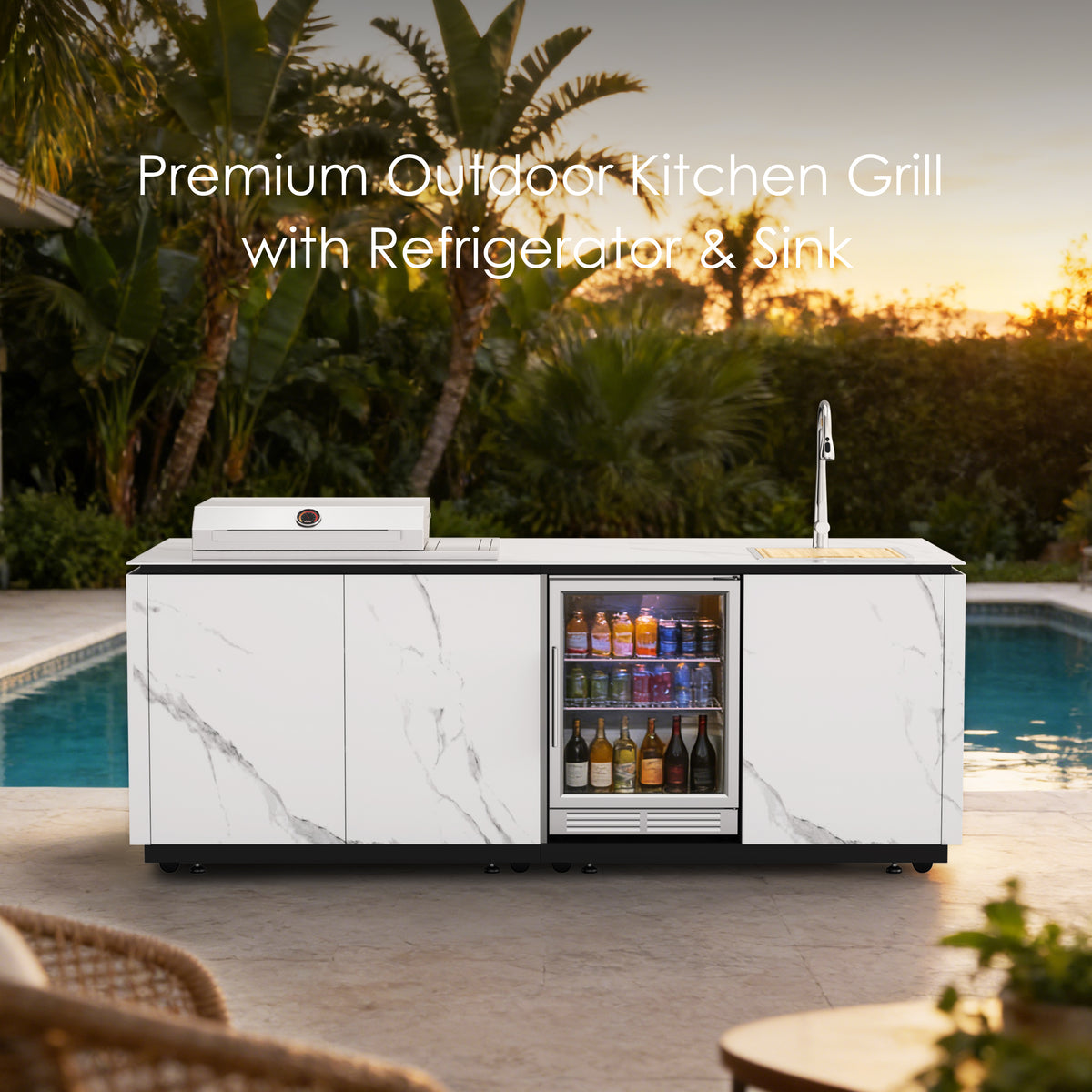 Outdoor Kitchen Island – Premium Stainless Steel Gas Grill with Sear Zone, Marble-Style Countertop, LED Beverage Refrigerator, Sink & Storage Cabinets for Luxury Backyard BBQ