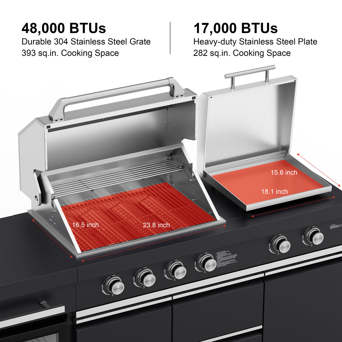 Outdoor Kitchen Gas Grill and Griddle Combo, 65,000 BTU 4+2 Burner BBQ Grill with 675 Sq. In. Cooking Area, Stainless Steel Grill Grates & Griddle, Built-In Sink, Refrigerator, Cabinets