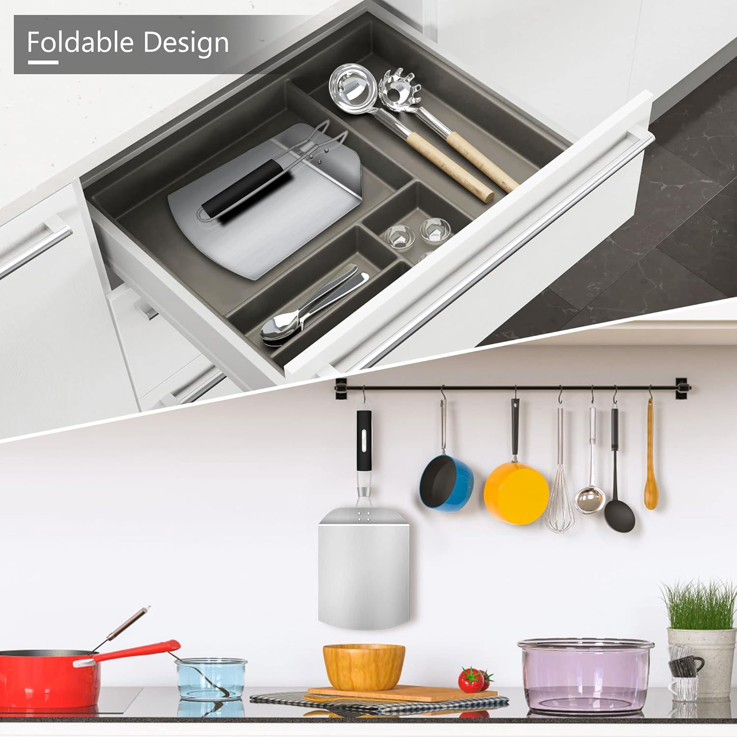 Stainless steel pizza peel in drawer, foldable design, perfect for easy storage; kitchen utensils and cookware.