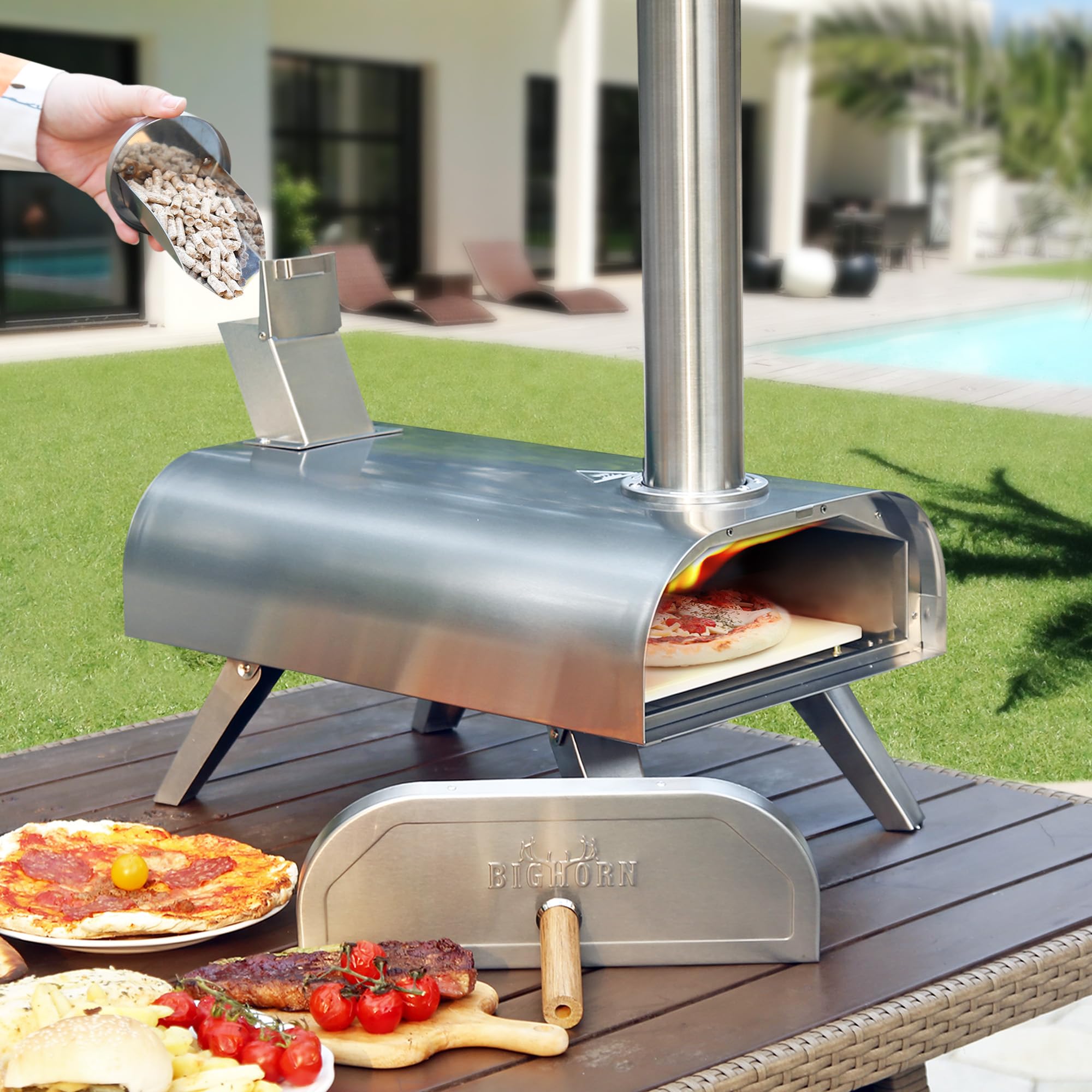 Big Horn Outdoor 12" wood pellet pizza oven, stainless steel, cooking pizza and more.