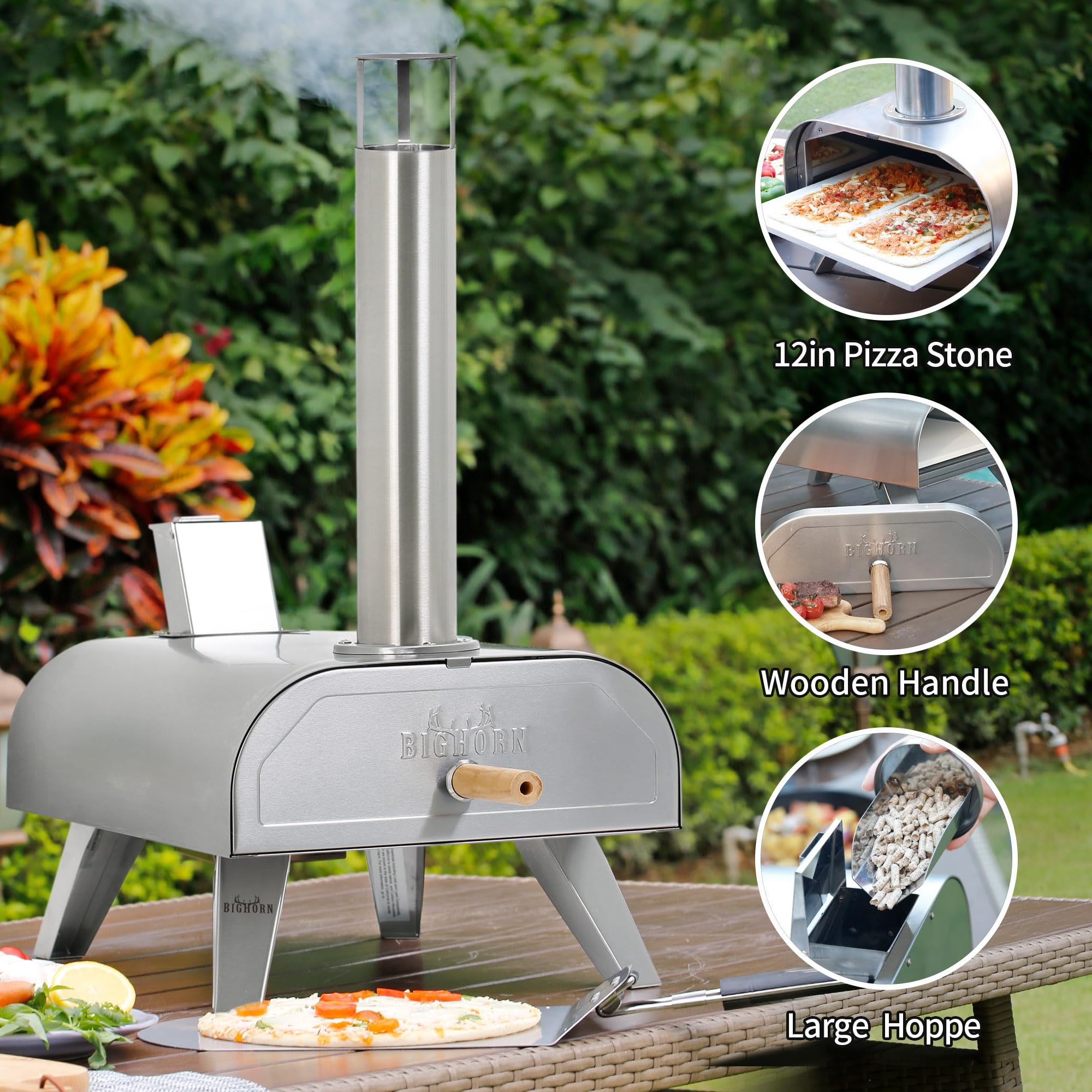 Big Horn 12" Stainless Steel Pizza Oven, pellet-fueled, outdoor cooking, with pizza stone and wooden handle