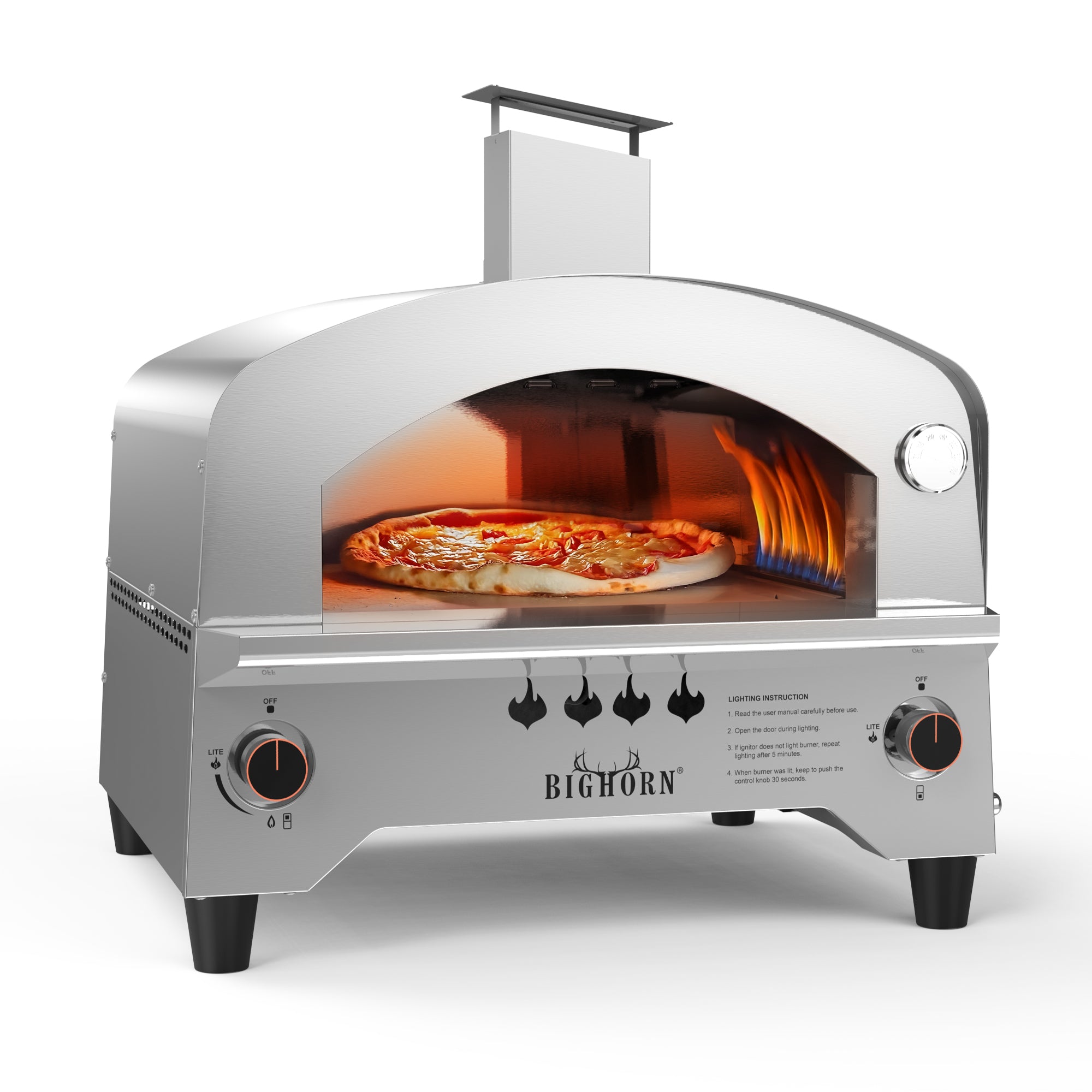 Stainless steel 13" gas pizza oven from BIGHORN cooking pizza; perfect for outdoor pizza night