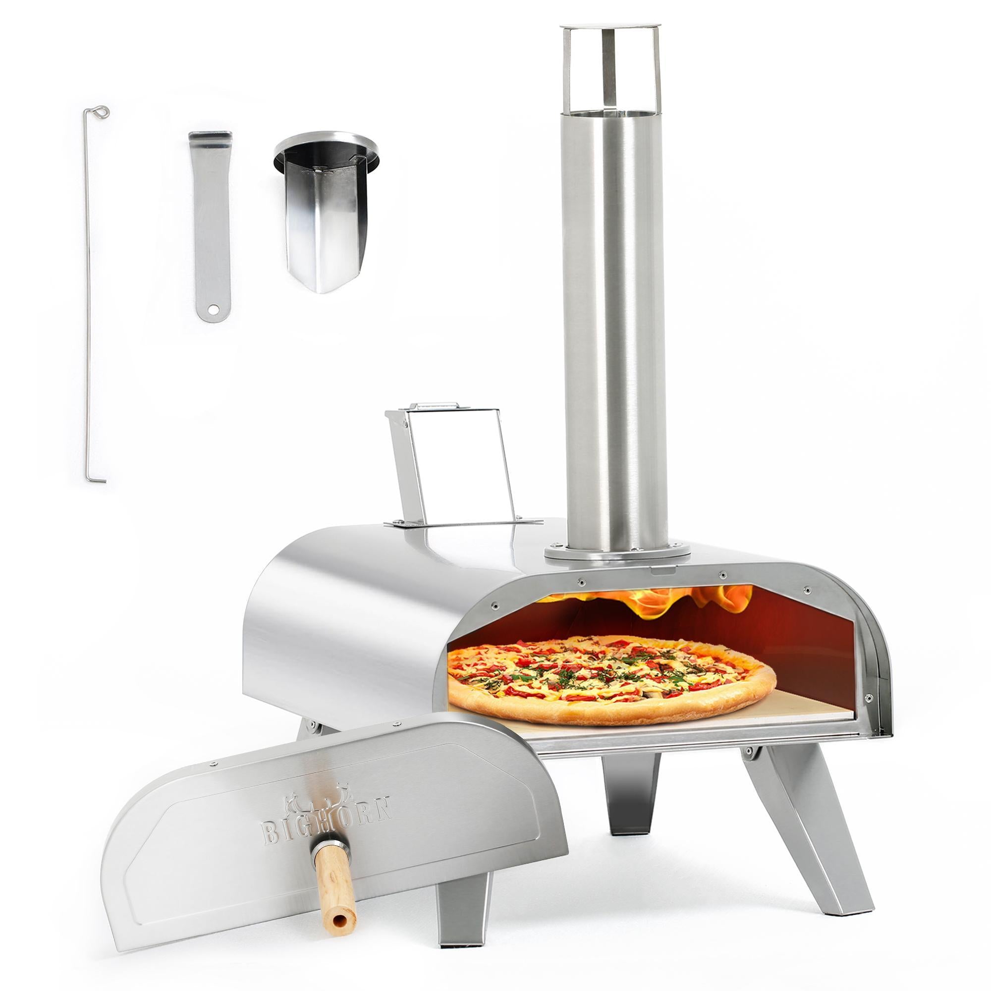 Big Horn 12" Wood Pellet Pizza Oven with Pizza: stainless steel outdoor cooking