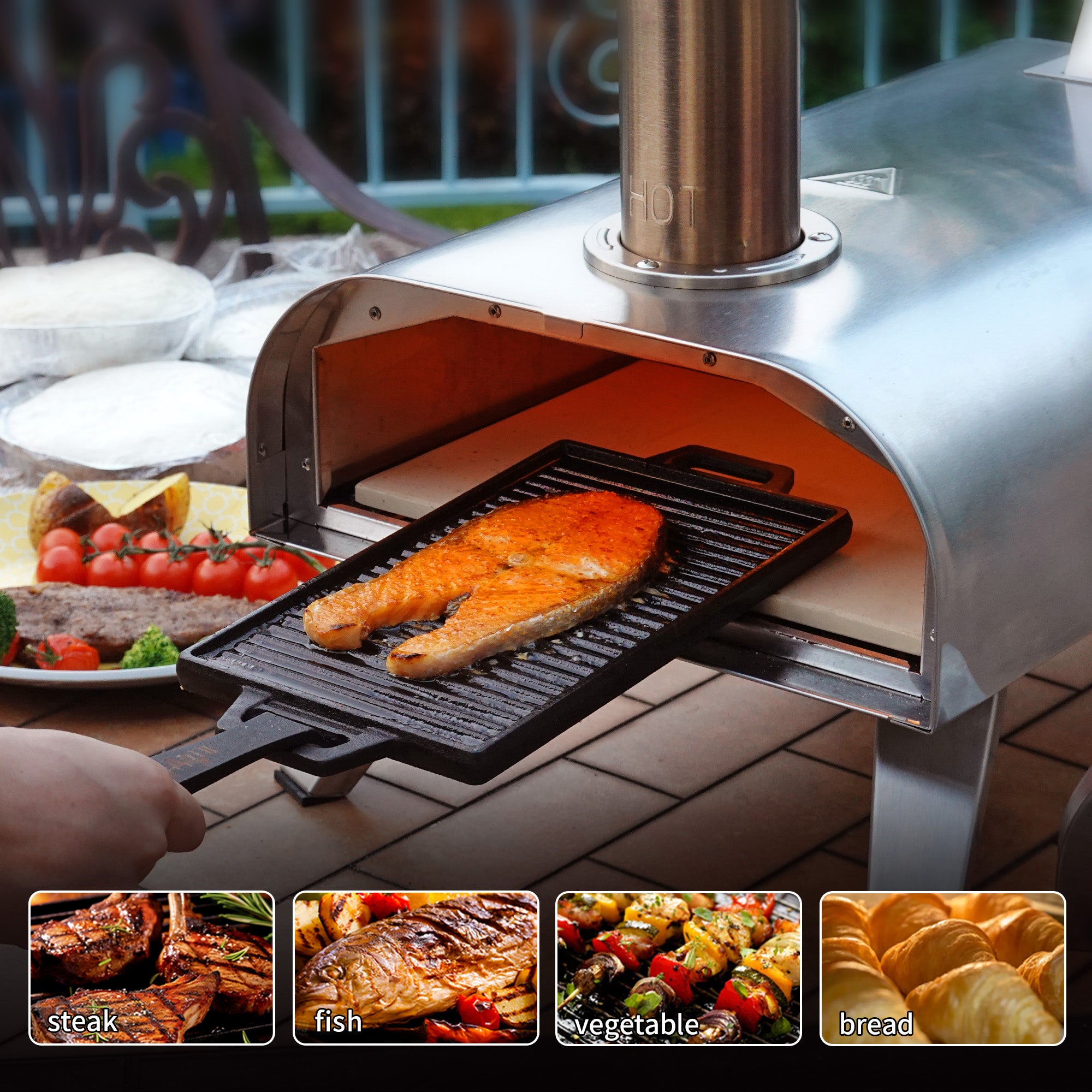 Big Horn 12" Stainless Steel Pizza Oven cooking salmon; outdoor cooking options: steak, fish, veggies, bread.