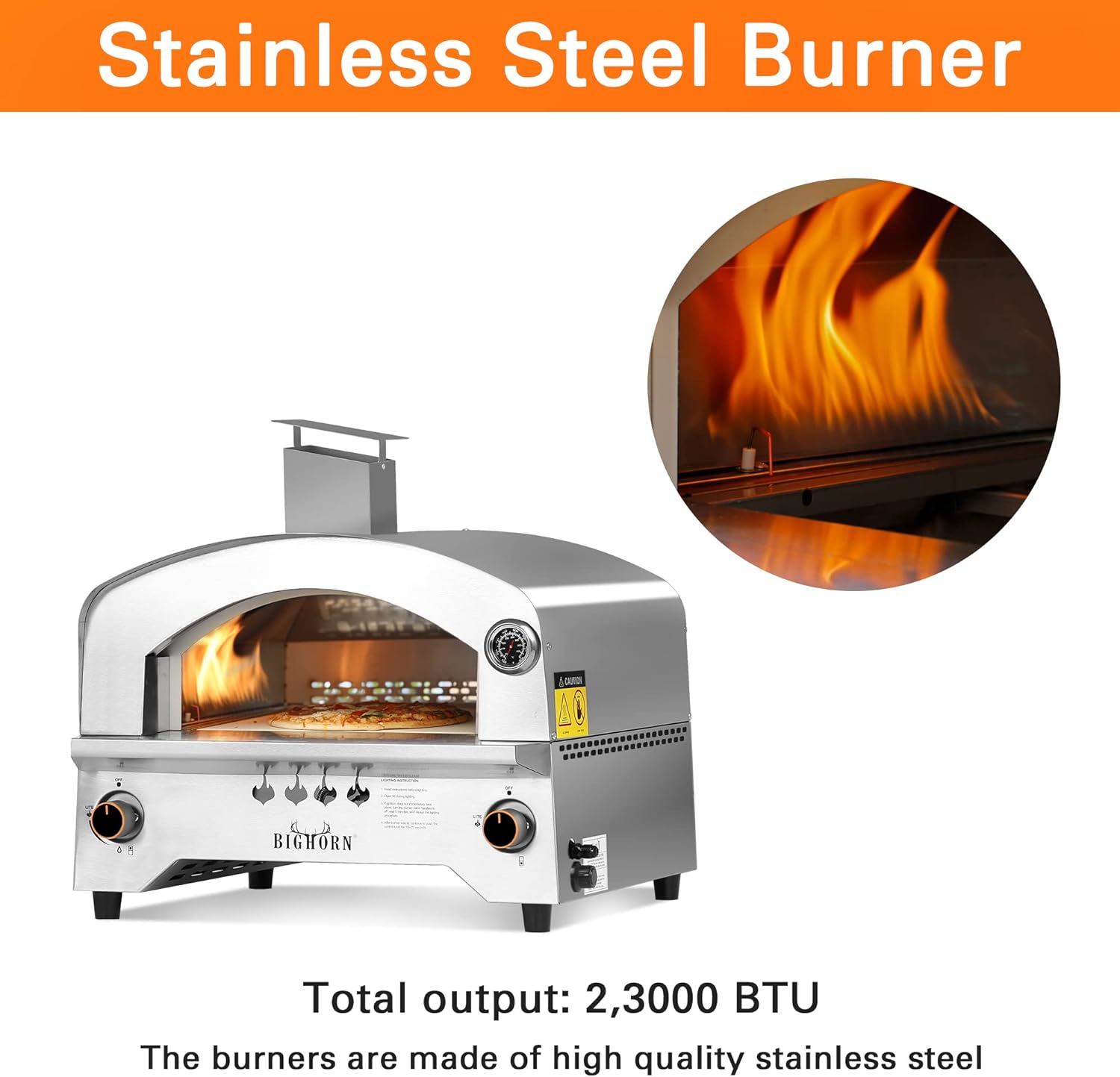 BIGHORN 13" stainless steel gas pizza oven with burning pizza, high BTU output for fast cooking