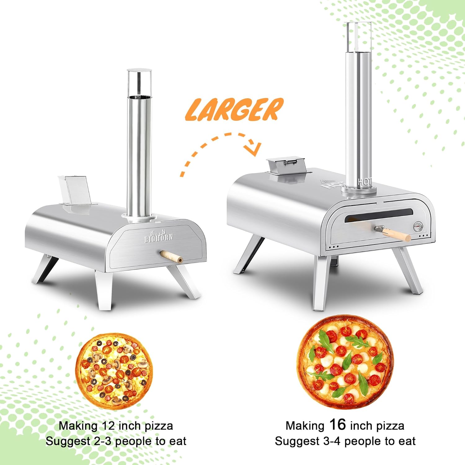 Big Horn Outdoors 16-inch Wood Pellet Pizza Oven comparison. Stainless steel ovens making 12" and 16" pizzas.