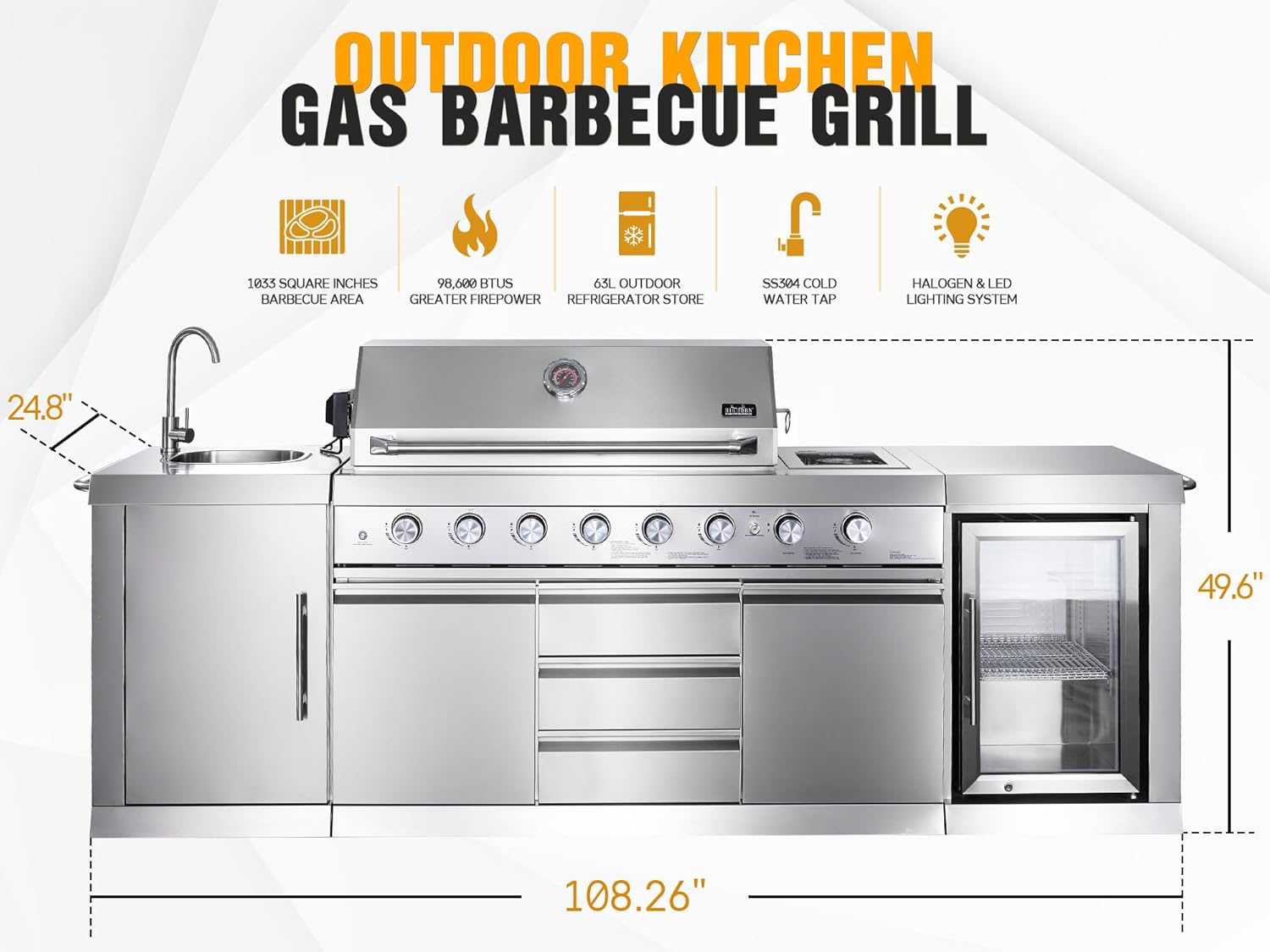 Stainless Steel Outdoor Kitchen Island with Gas Grill, Sink, Refrigerator, and LED Lighting - Big Horn Prime Series