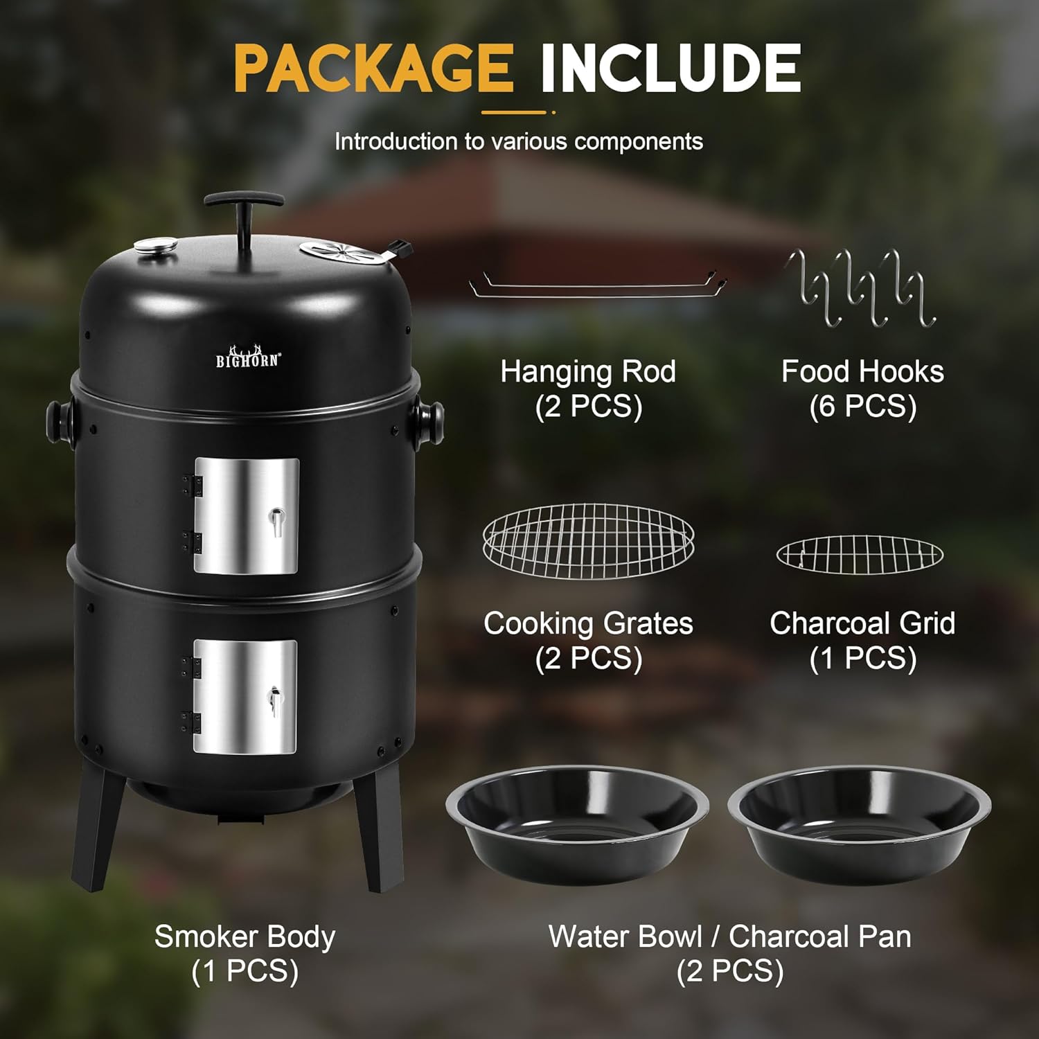 Big Horn Outdoors 16" Charcoal Smoker Package Components - Smoker Body, Grates, Hooks, and More