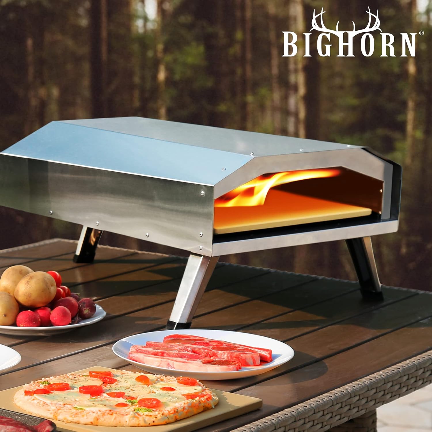 Big Horn Outdoors stainless steel pizza oven with pizza stone, ready for outdoor cooking.