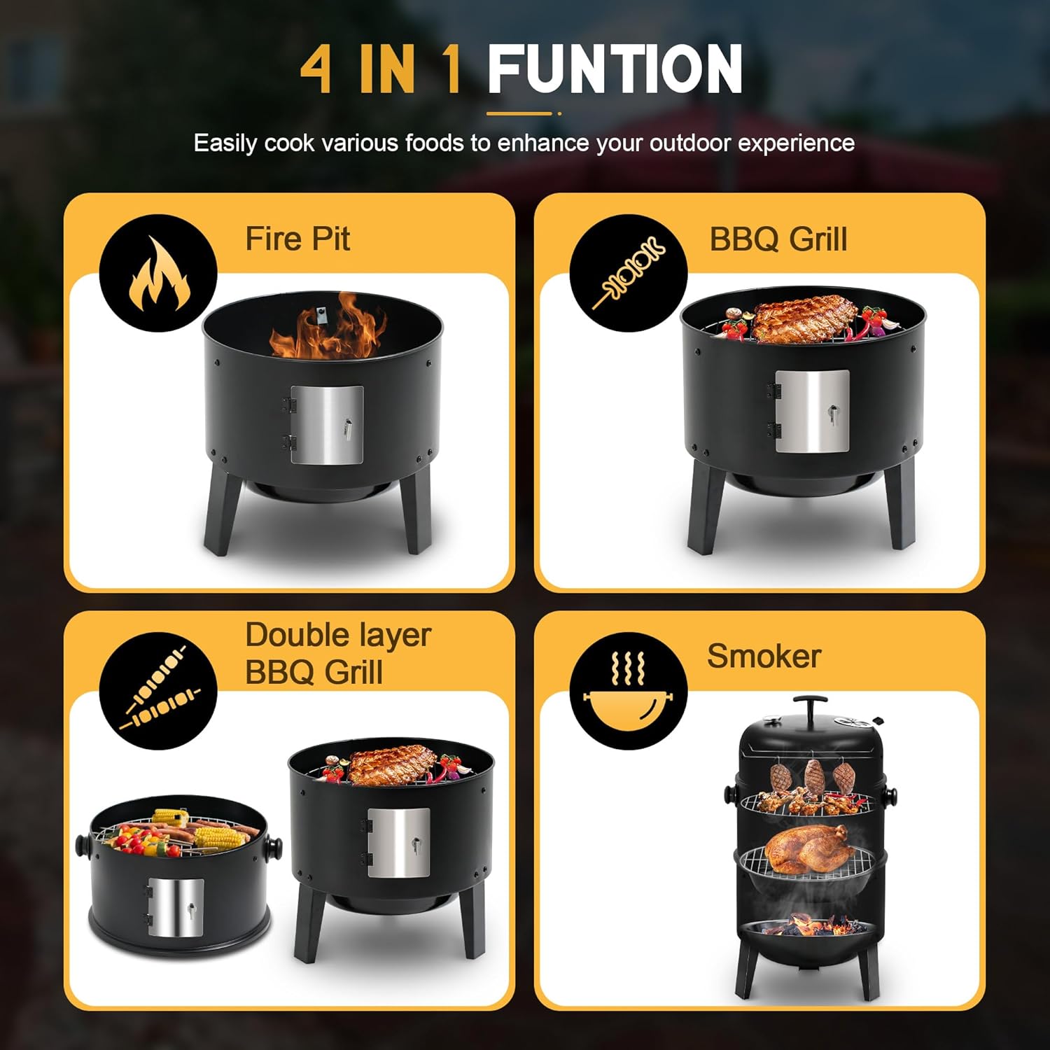 Big Horn Outdoors 4-in-1 Charcoal Smoker, Fire Pit, BBQ Grill, and Smoker functions in black.