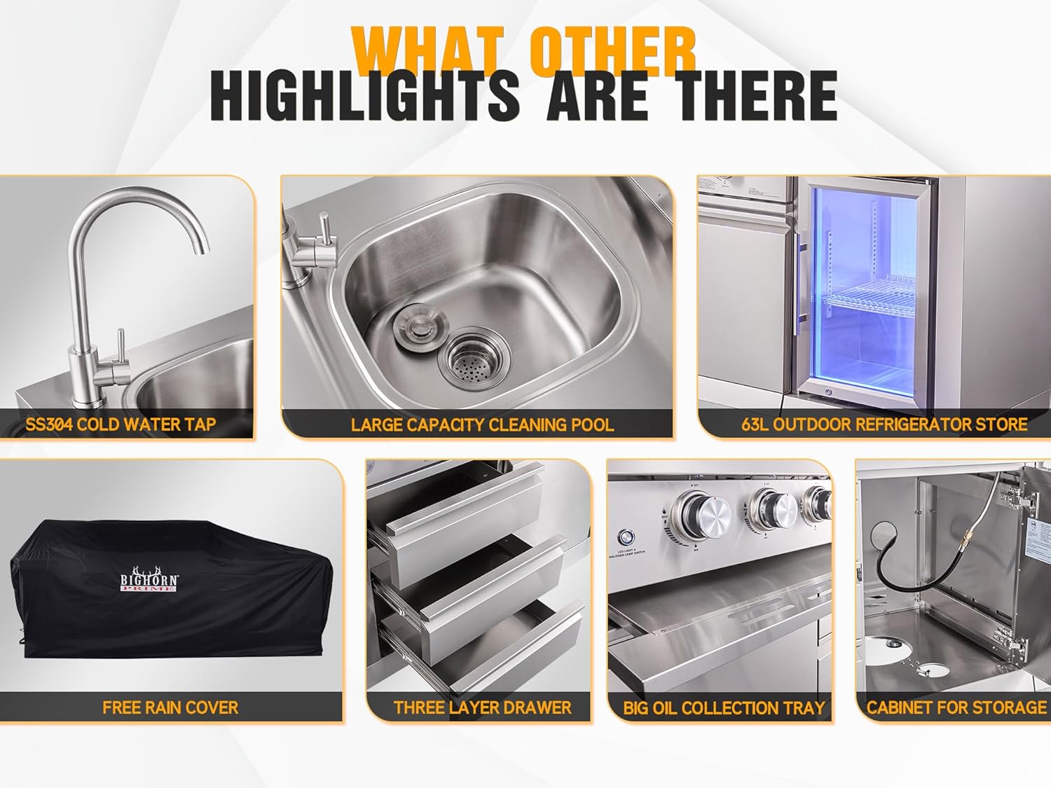 Big Horn Prime Series Outdoor Kitchen Island features including SS304 water tap, refrigerator, and storage.