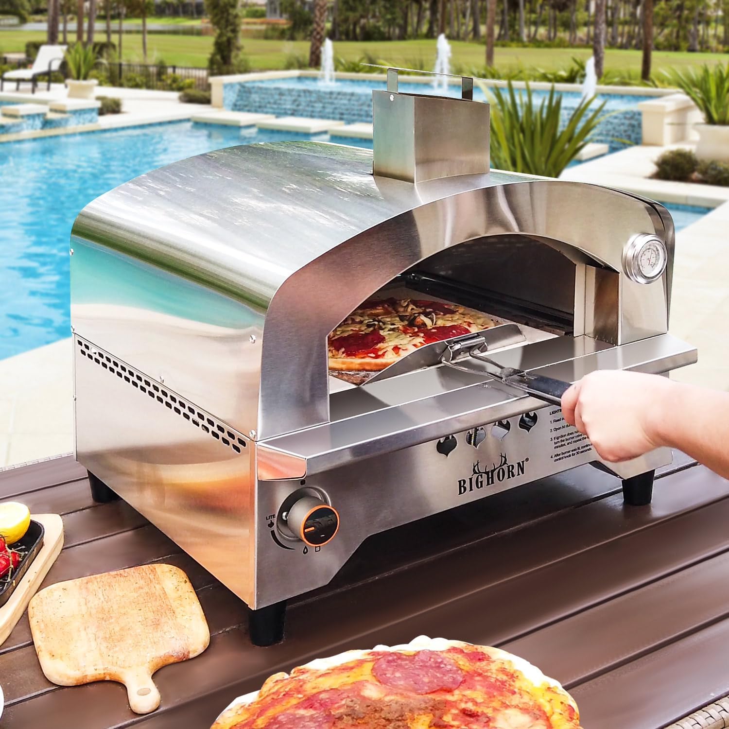 BIGHORN 13" stainless steel gas pizza oven baking pizza outdoors