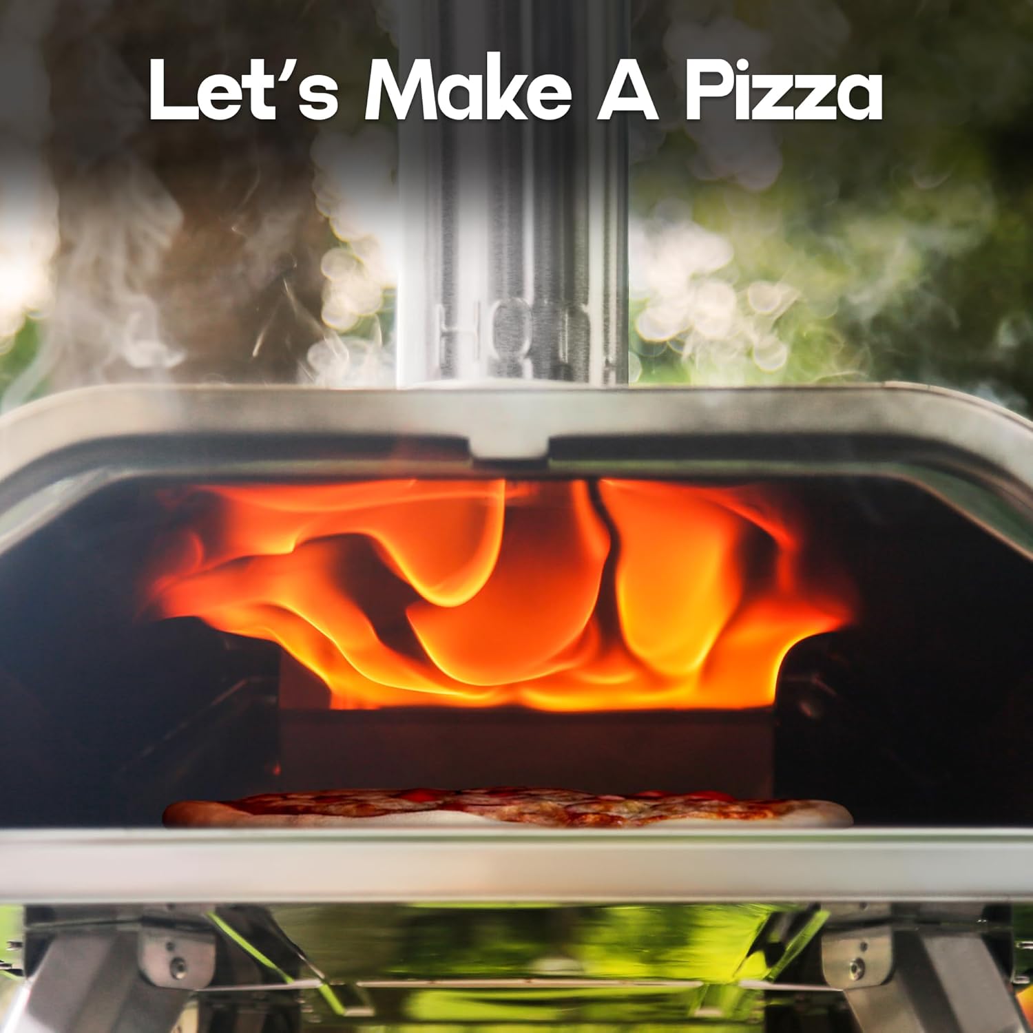 Big Horn Outdoors 16" wood pellet pizza oven baking pizza, featuring the phrase "Let's Make A Pizza".