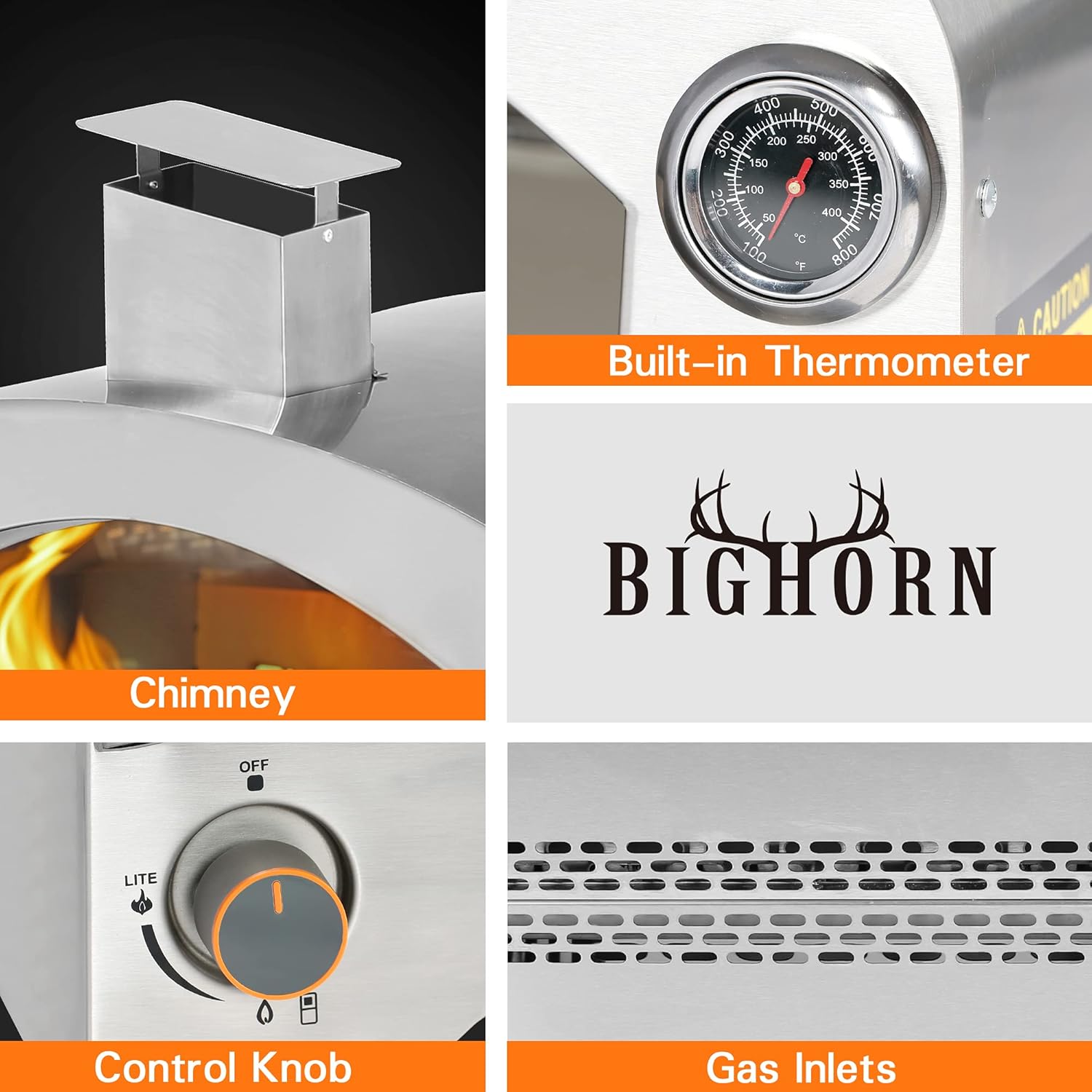 BIGHORN 13" Gas Pizza Oven: stainless steel design with chimney, built-in thermometer, control knob, and gas inlets.